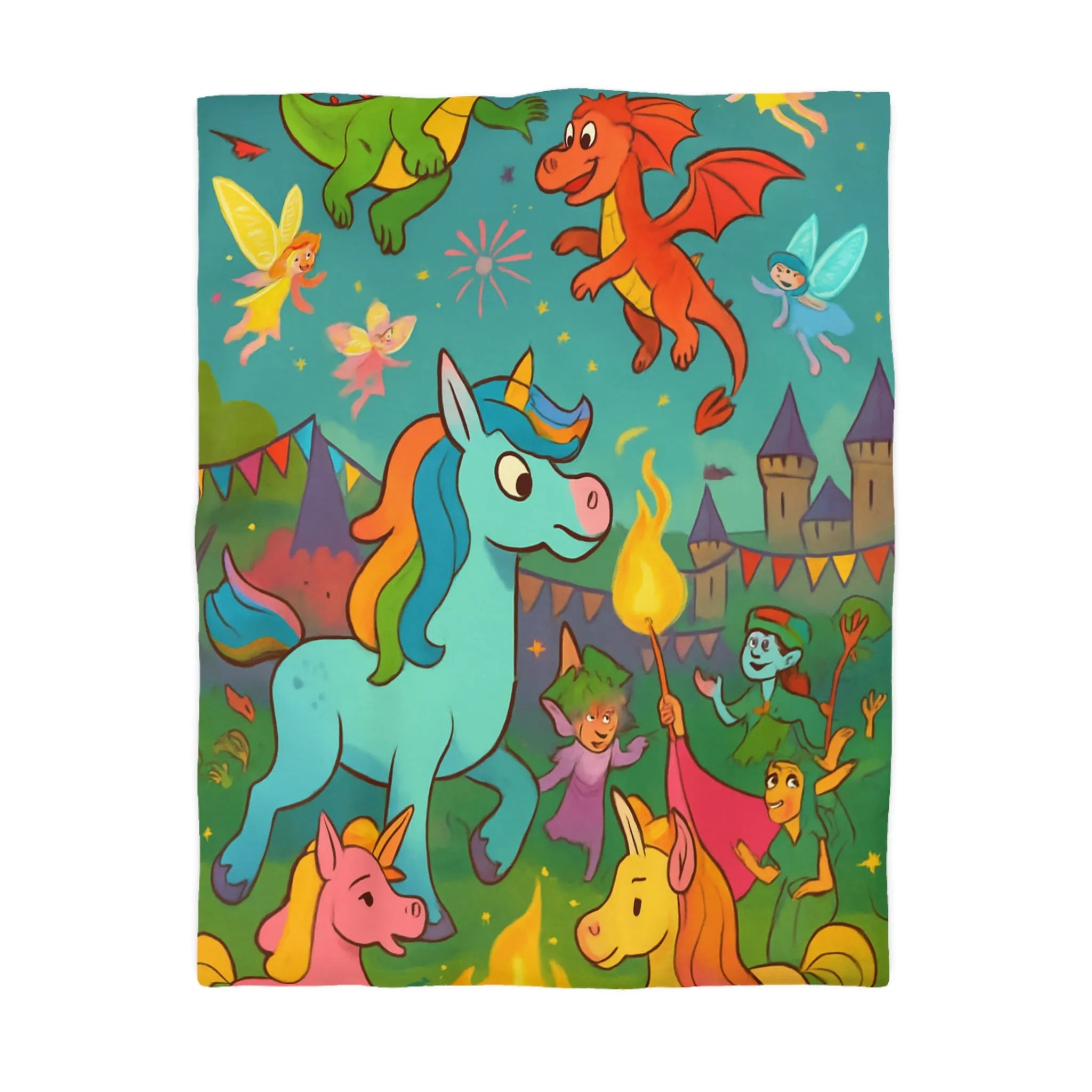 Housse de couette colorée avec licornes, dragons et fées au festival magique