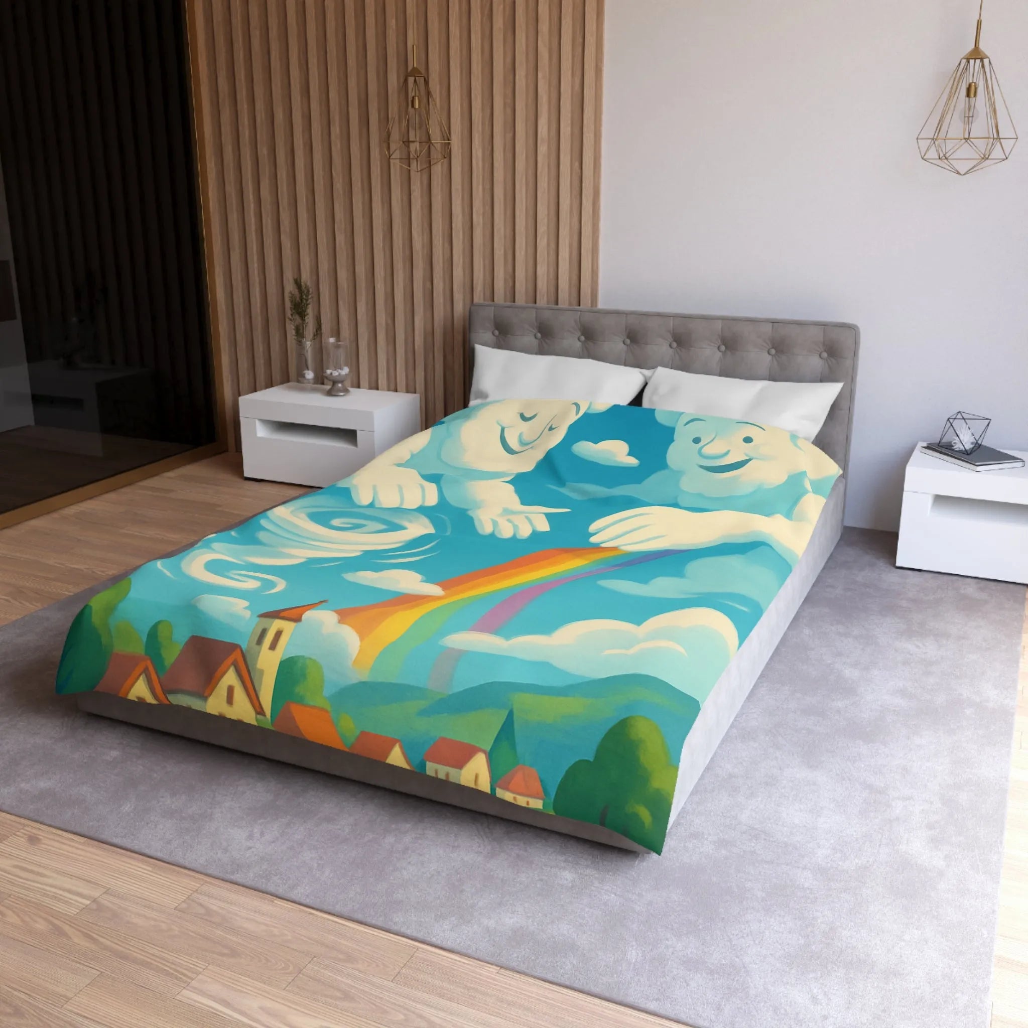 Art ludique de nuages souriants au-dessus d'un village teinté de couleurs vives