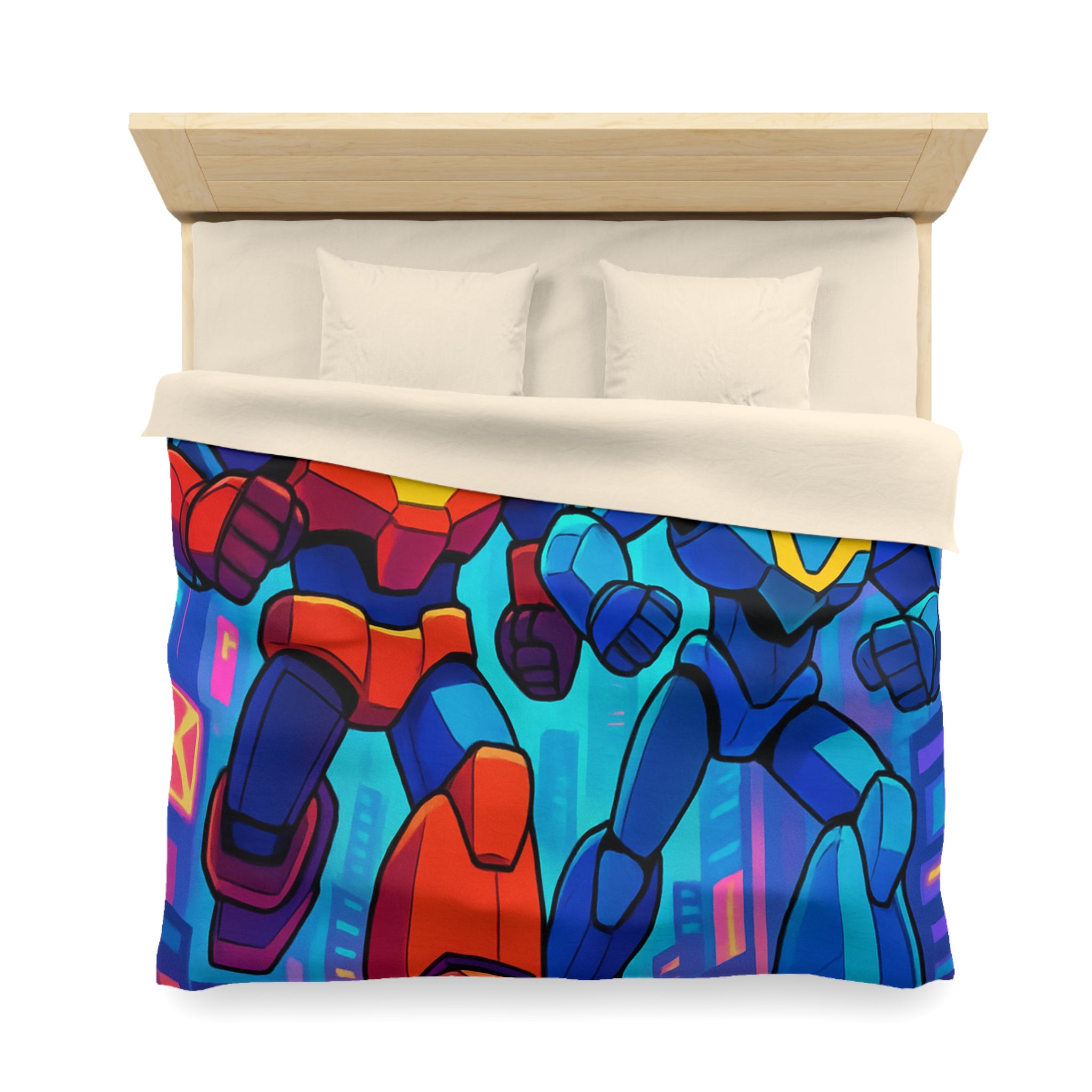 Housse de couette robot futuriste colorée, style rétro avec ambiance urbaine dynamique