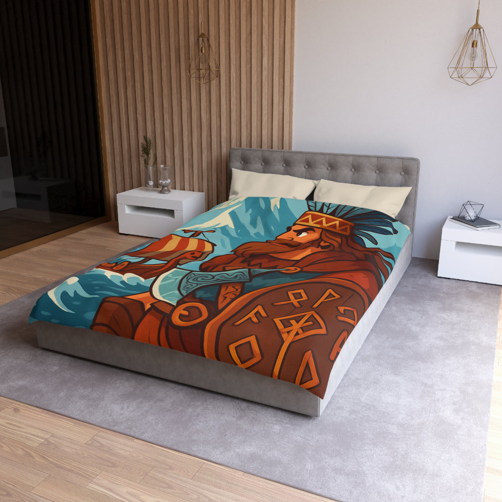 Housse de couette viking avec guerrier, montagne, navire, mer, motifs runiques