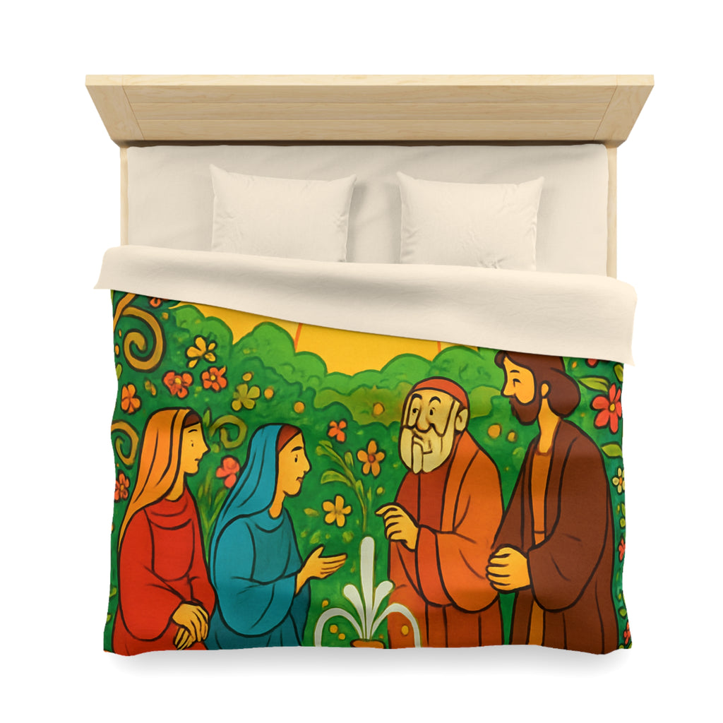 Housse de couette vibrante avec scène florale colorée et figures en discussion harmonieuse