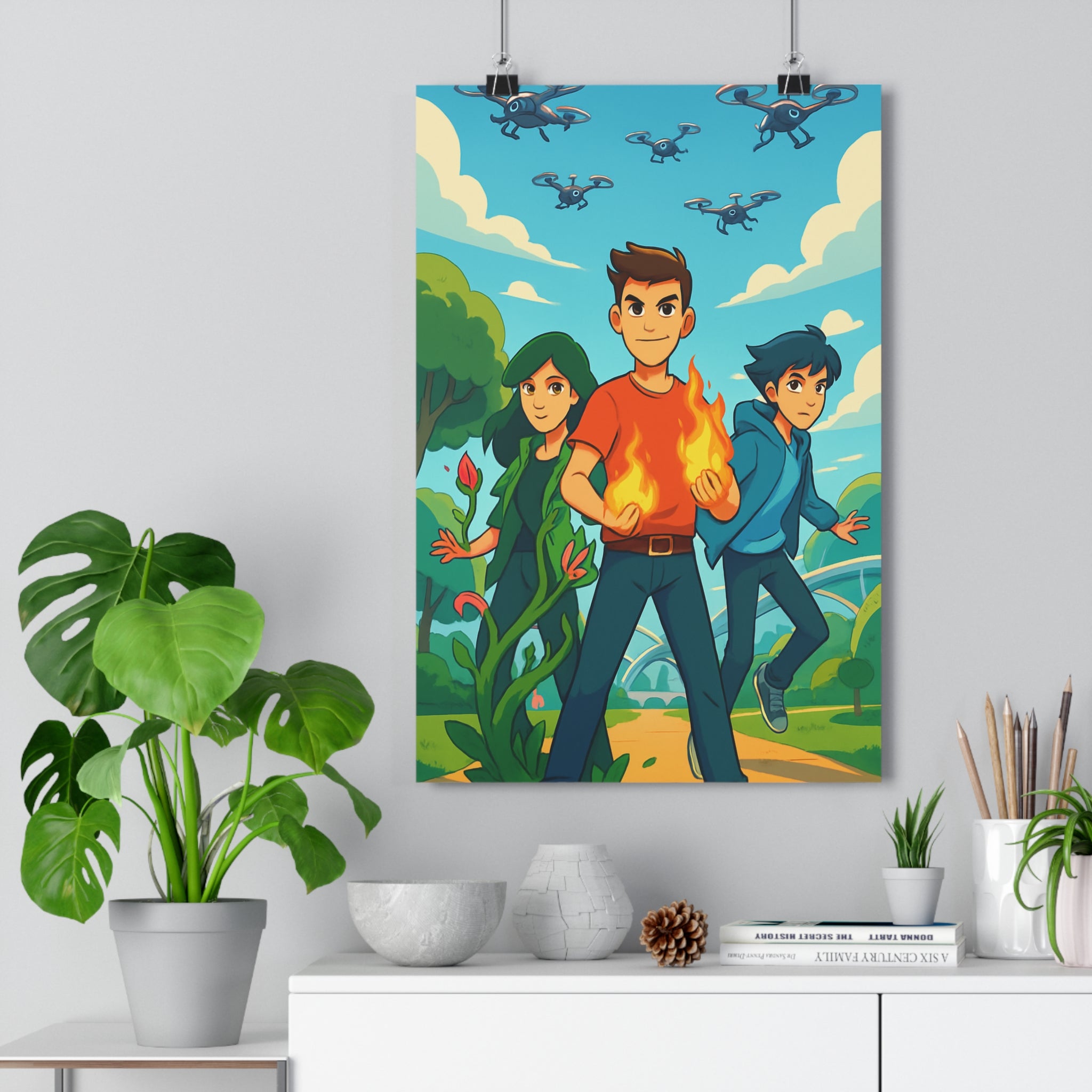 Poster décoratif animé aventure vibrant orange bleu vert chambre enfant moderne fantastique qualité élevé