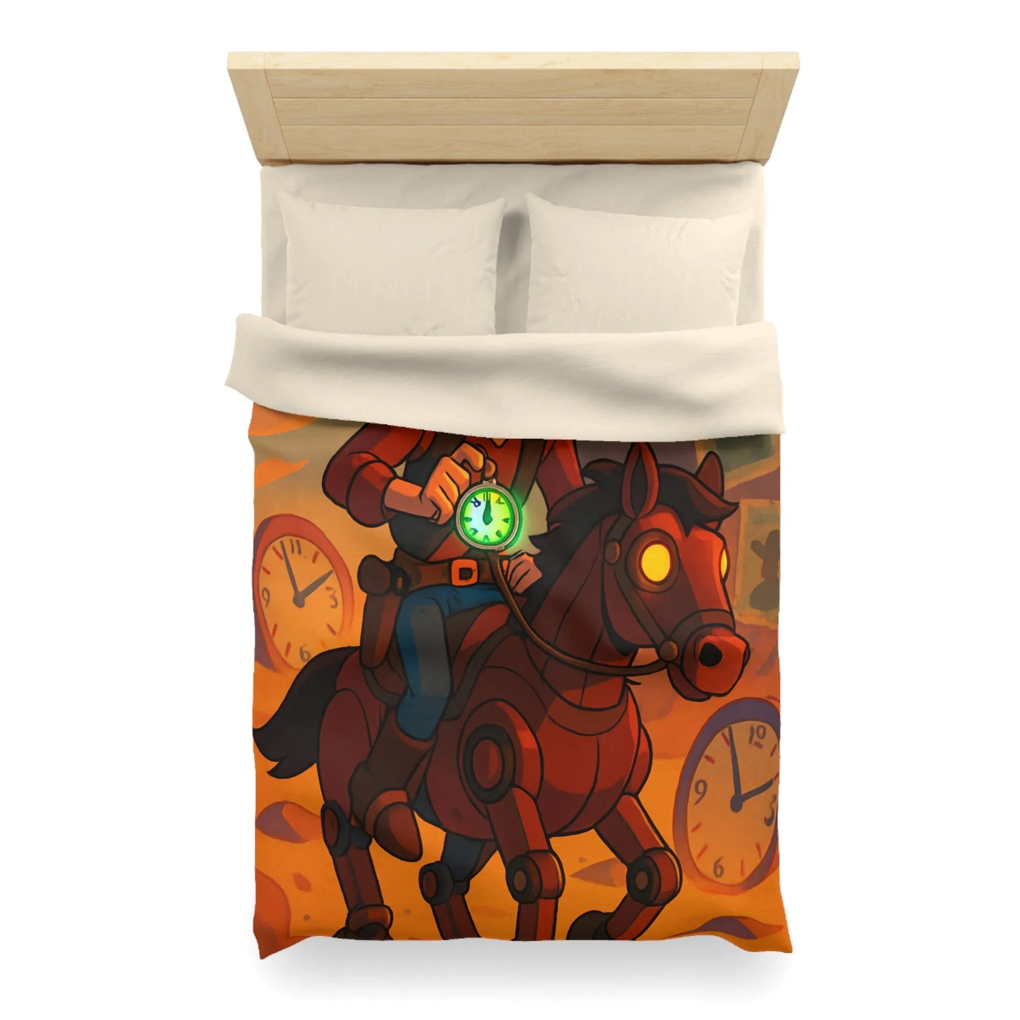 Housse de couette cowboy futuriste avec cheval mécanique et montres vintage dans désert