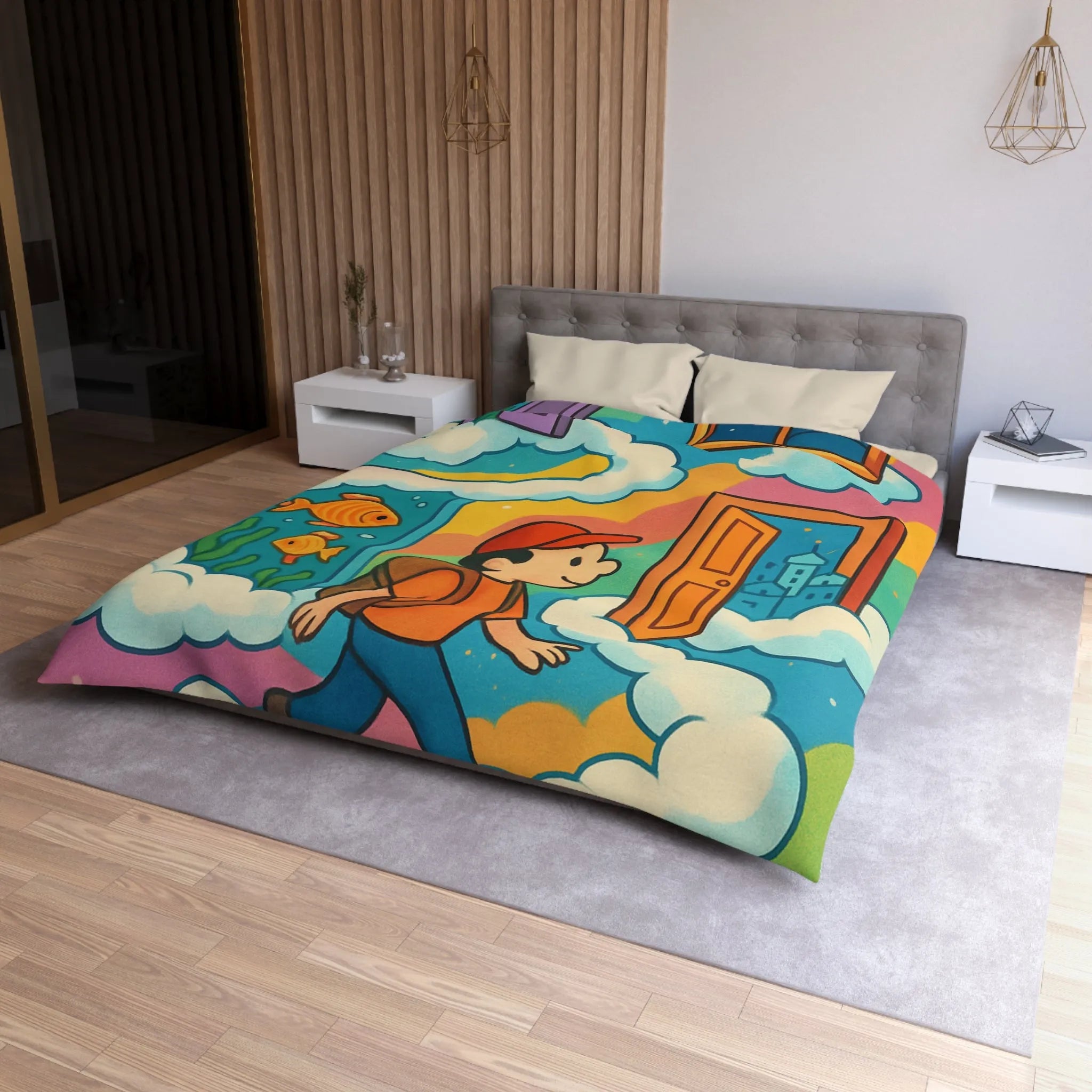 Housse de couette colorée avec portes magiques, nuages et aventure pour enfants rêveurs