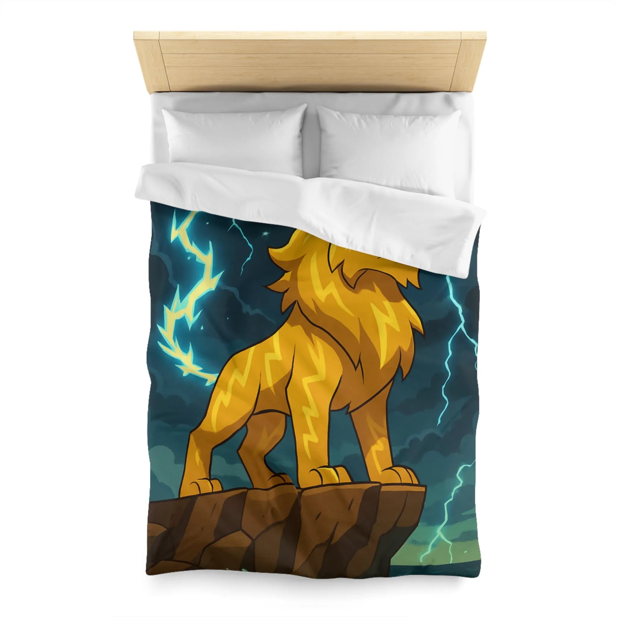 Housse de couette lion éclair lumineux, style animé, ambiance puissante, couleurs vibrantes