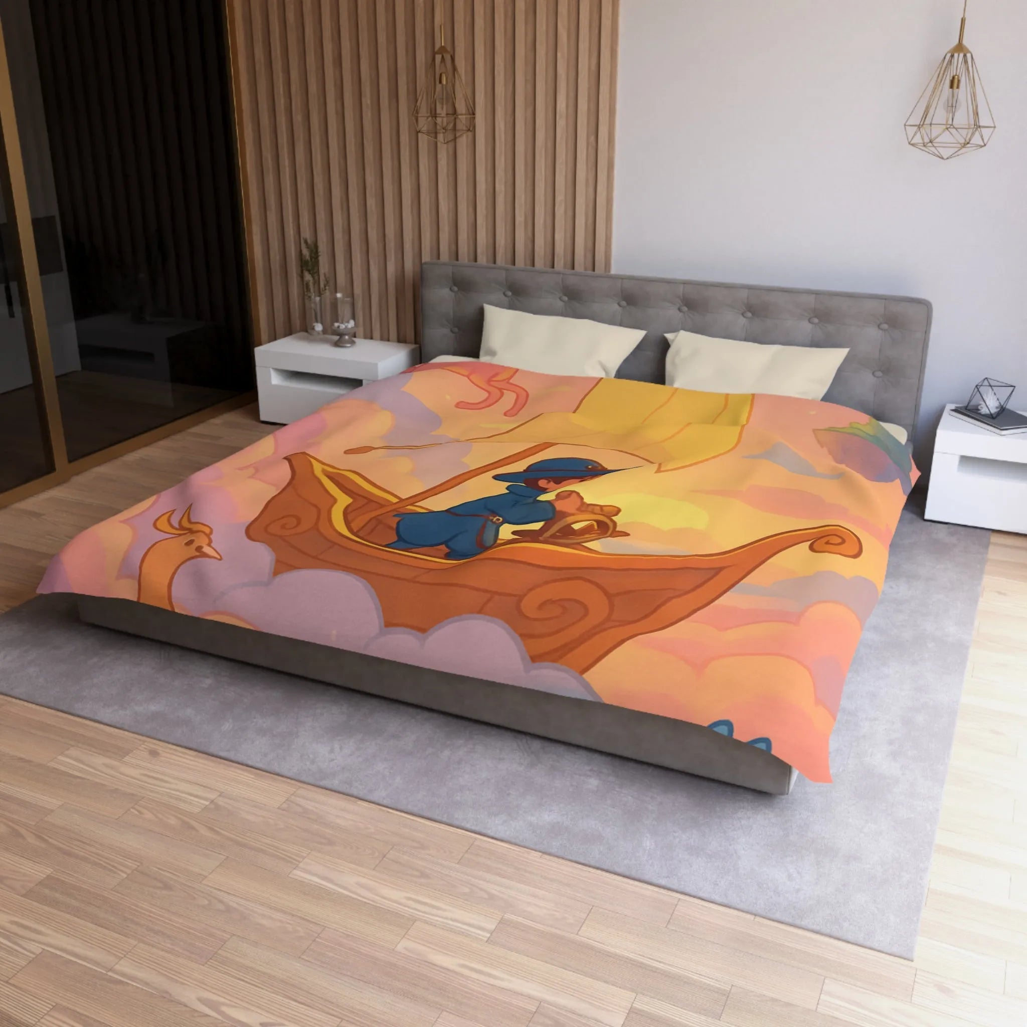 Housse de Couette Enchantée Avec Licorne et Bateau Volant Dans le Ciel Éthéré