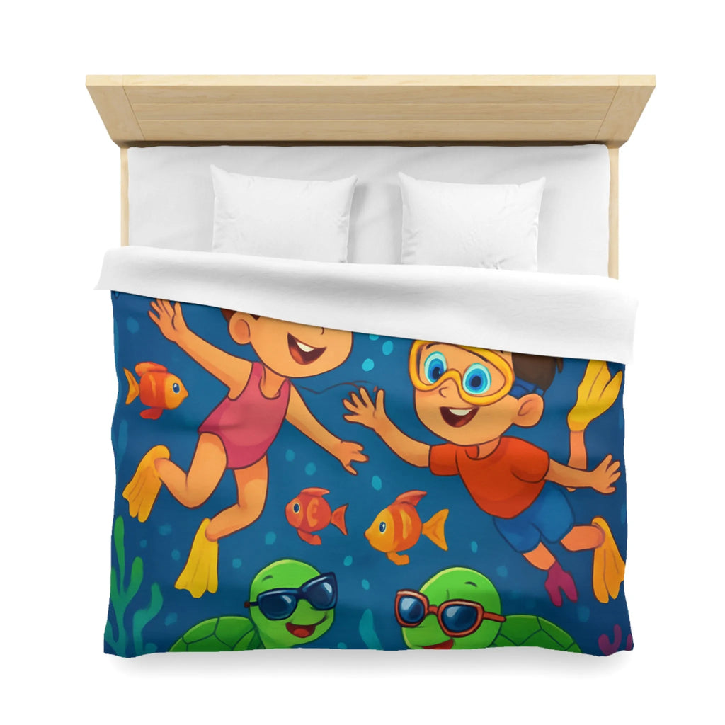 Housse de couette avec enfants nageant joyeusement dans océan vibrant avec animaux marins