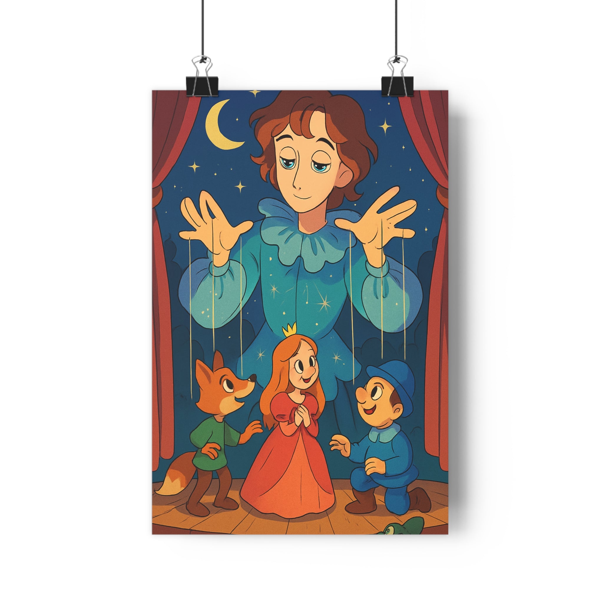 Poster décoratif théâtral mystique cheveux bruns renard vert princesse rouge fond étoilé magique chambre