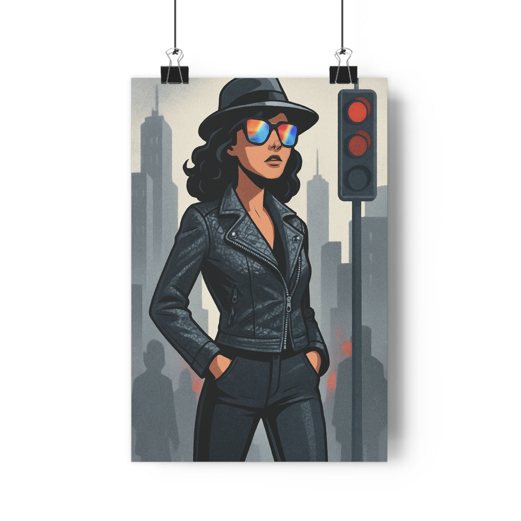 Poster décoratif femme urbain moderne élégant cuir noir lunettes colorées minimaliste salon chambre contemporain