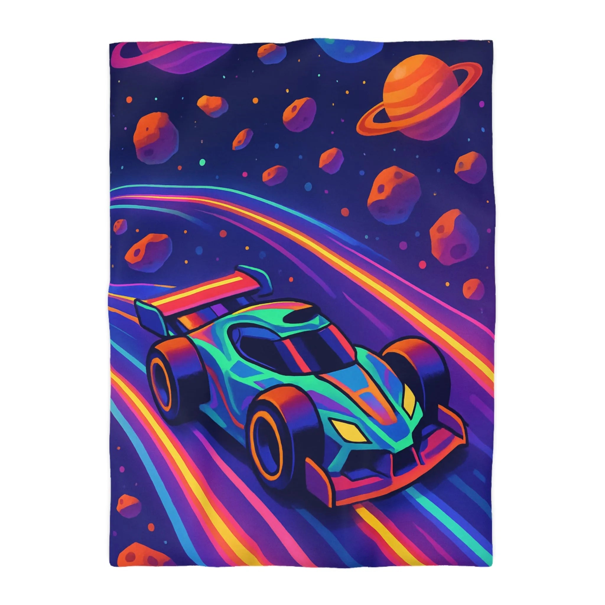 Éblouissante Housse de Couette avec Voiture Néon Galactique et Planètes Colorées