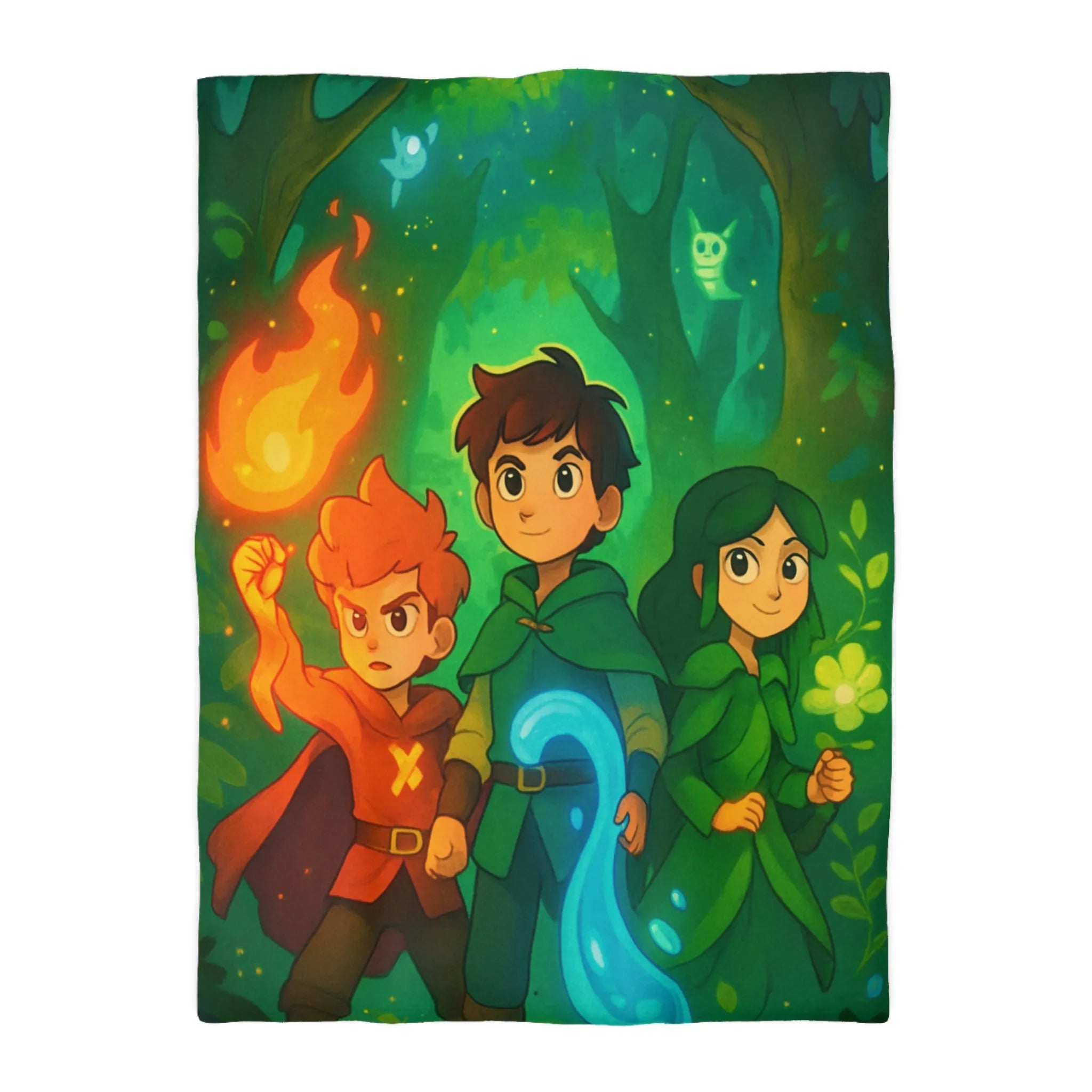Housse de couette enchantée avec personnages magiques dans une forêt lumineuse et colorée