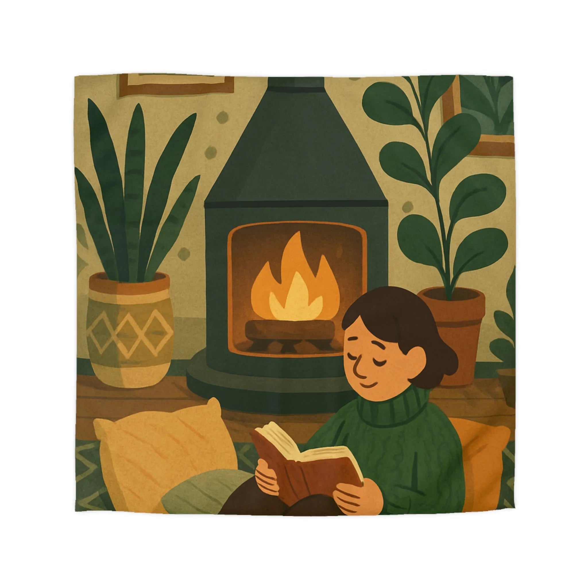 Housse de couette cosy avec cheminée et ambiance hygge, style scandinave relaxant