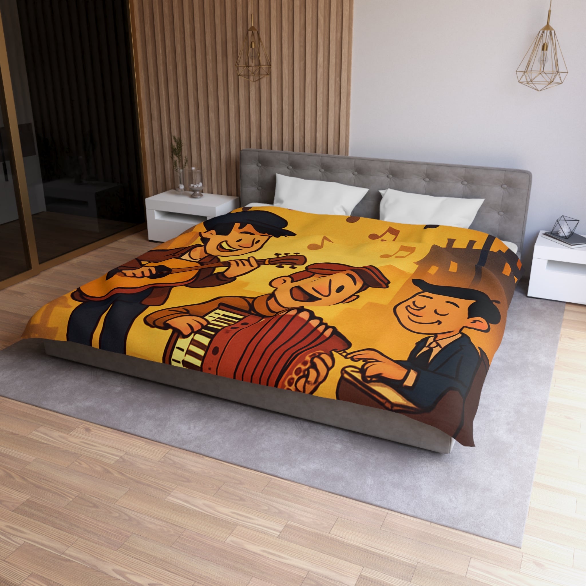 Housse de couette vintage ambiance musicale jazz avec trio de musiciens lumineux