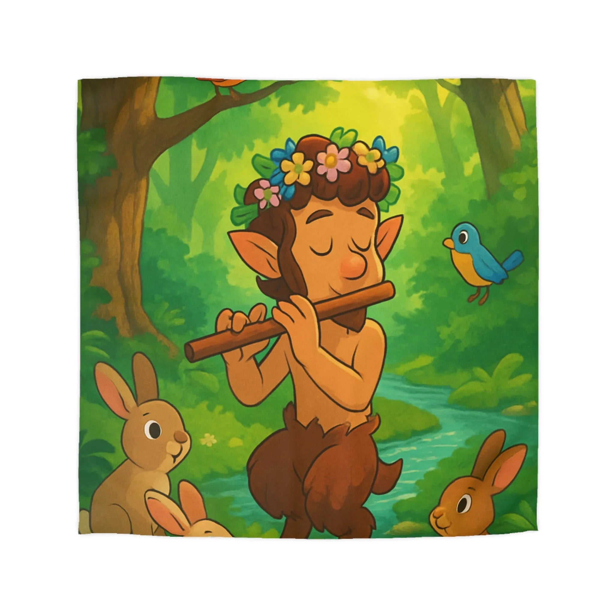 Housse de couette enchantée avec faune légendaire jouant de la flûte au milieu des bois