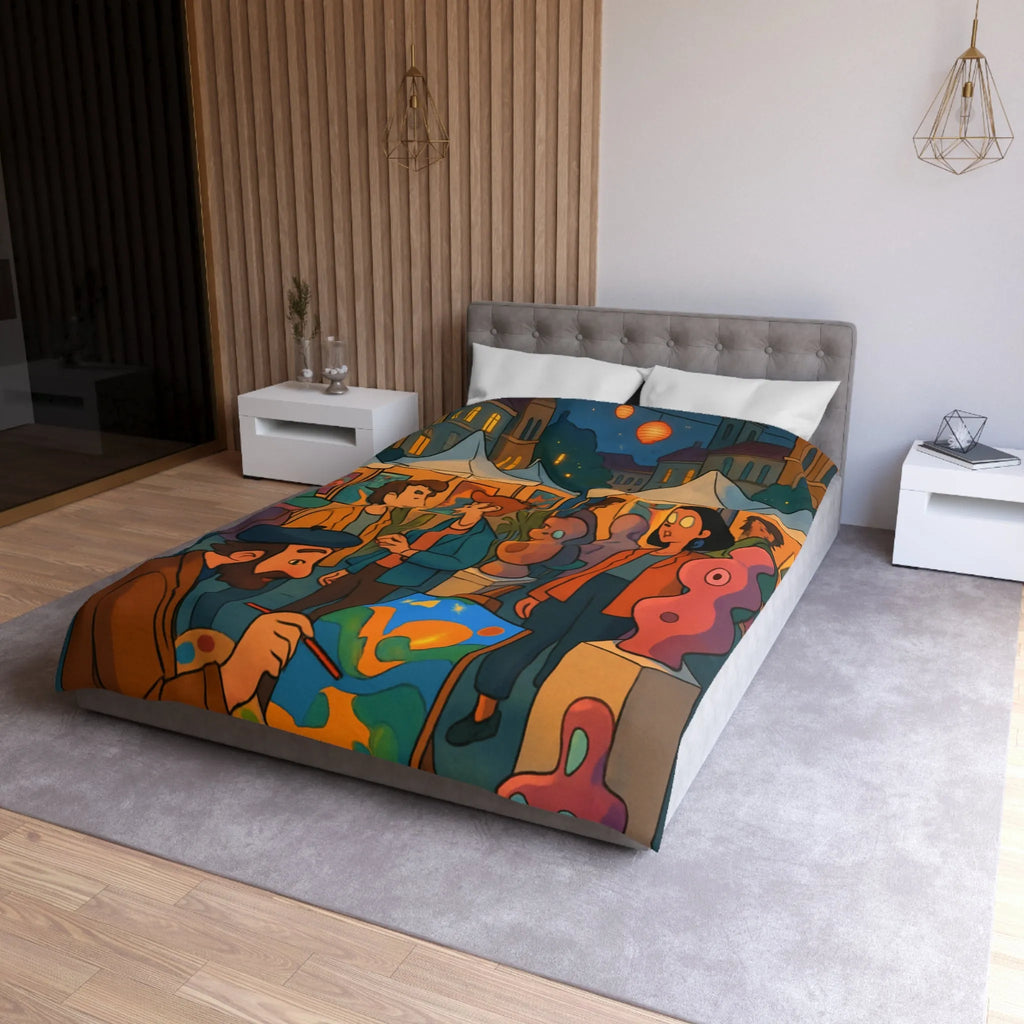 Housse de couette avec scène de marché nocturne animé et sculptures colorées