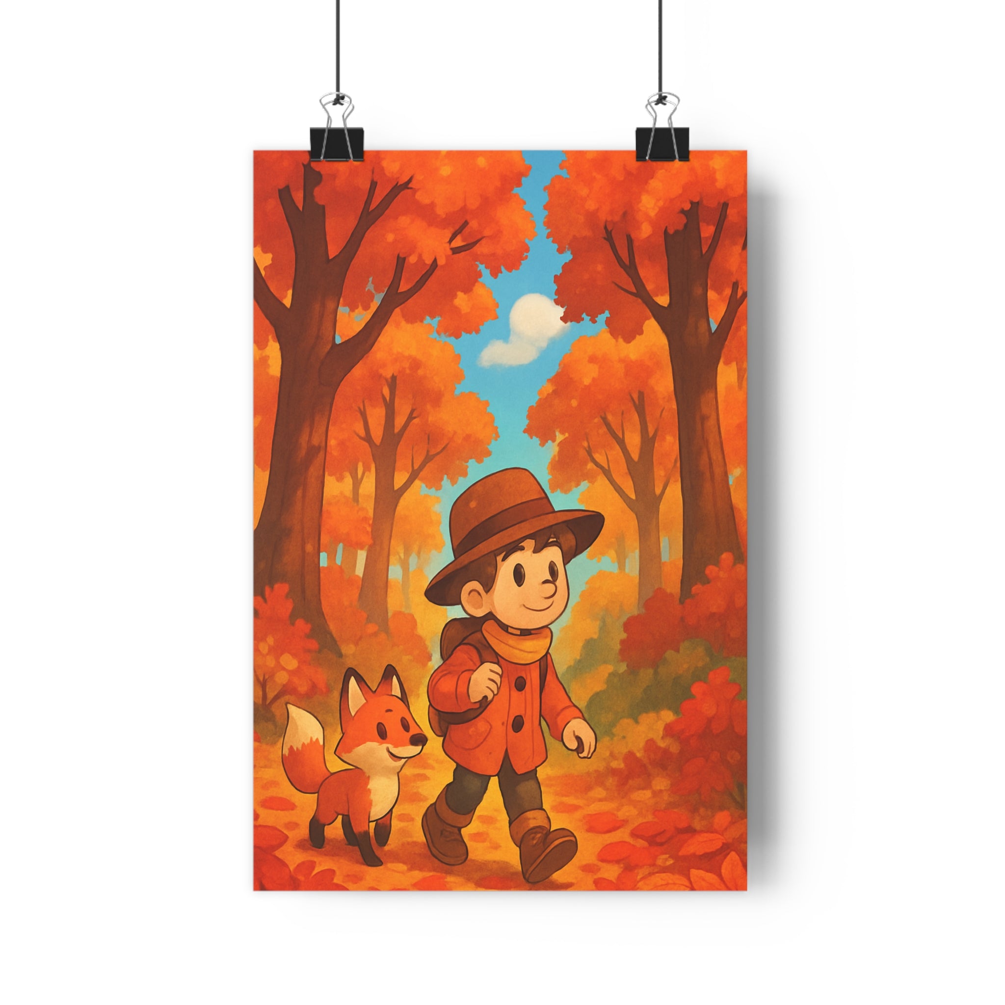 Poster décoratif forêt automne joyeux enfant aventure orange bleu chambre salon chaleureux 30x46 cm