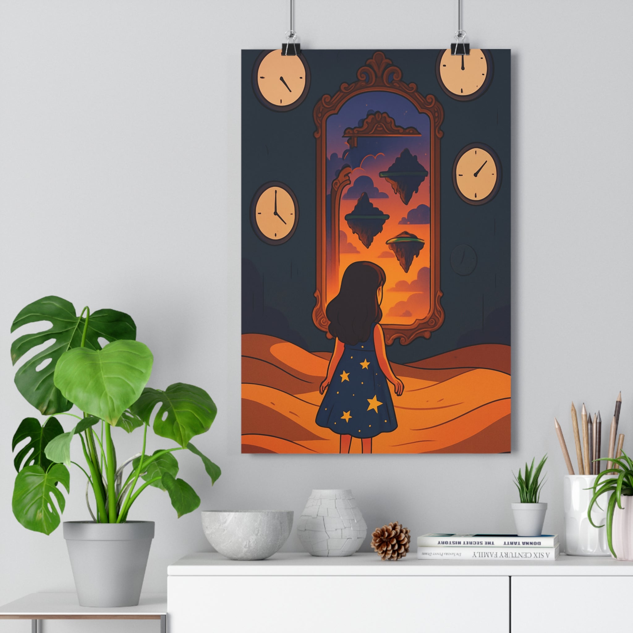 Poster décoratif surréaliste îles flottantes horloges salon chambre ambiance onirique coloré format 30x46 cm