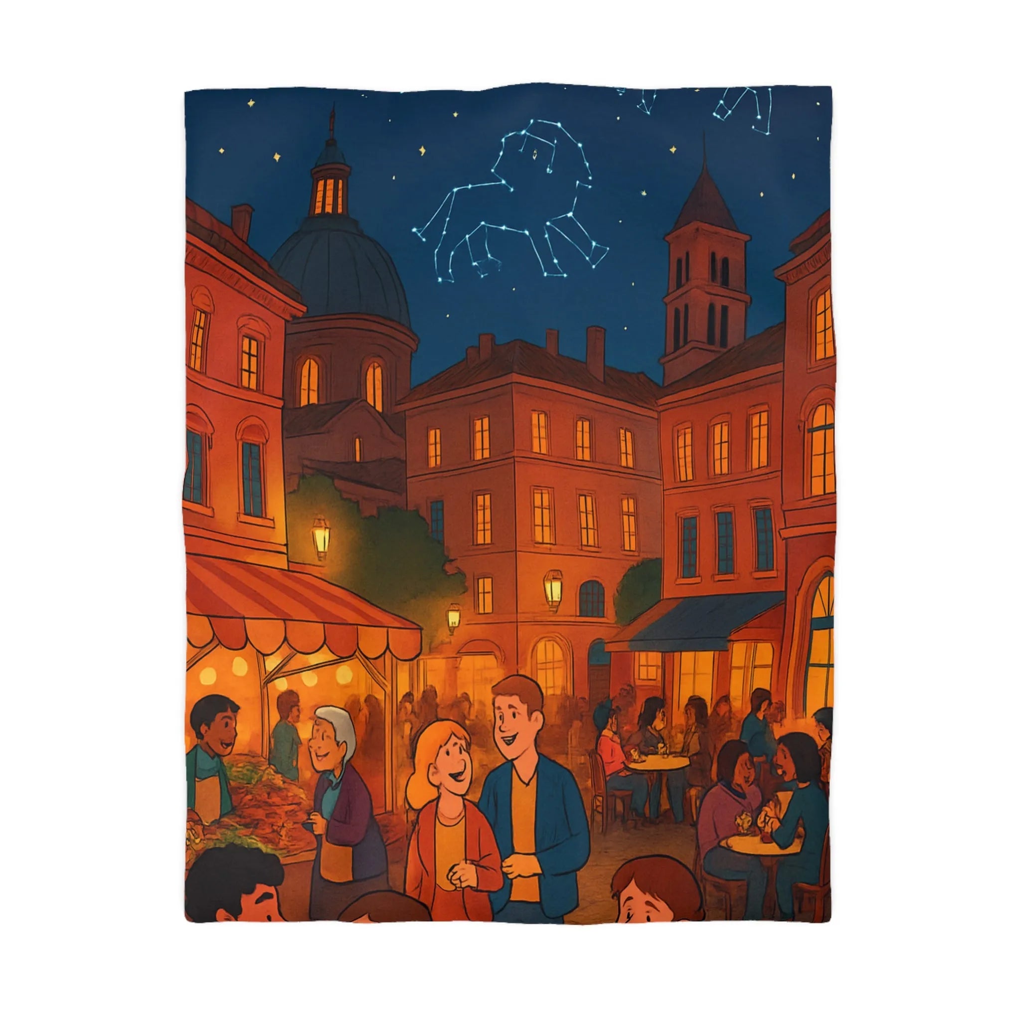 Housse de couette avec scène nocturne urbaine animée sous ciel étoilé