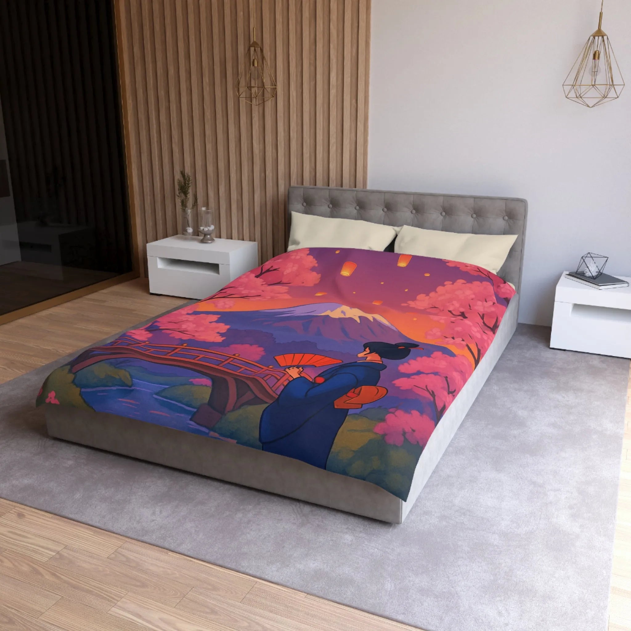 Housse de couette japonaise avec cerisiers, lanterne et vue sur le Mont Fuji