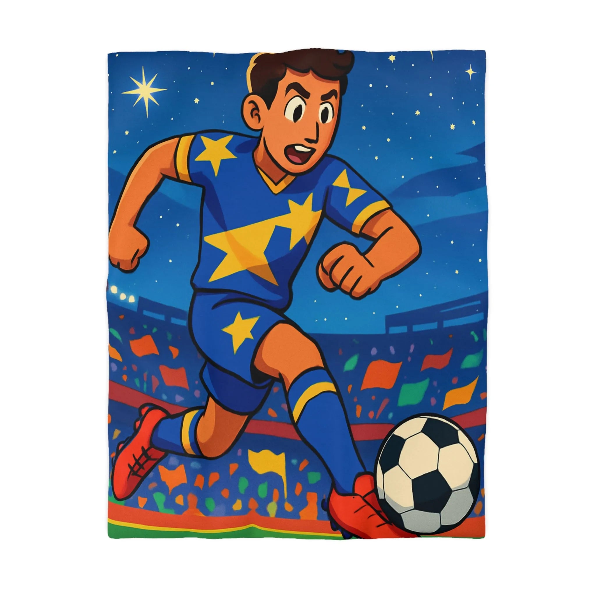 Housse de couette colorée avec joueur de football en action sous ciel étoilé