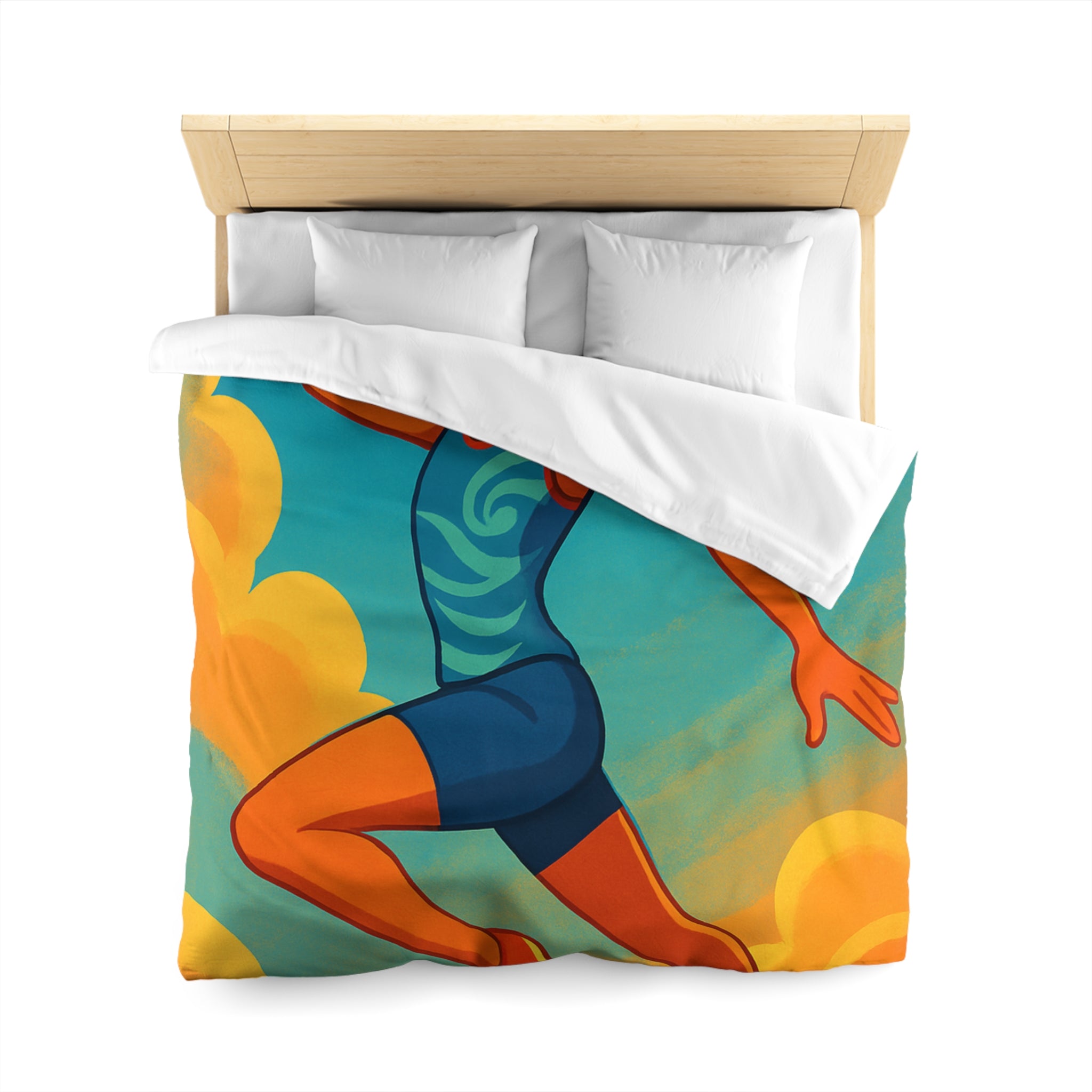 Housse de couette sportive colorée, femme jouant freesbee sous ciel bleu dynamique ultime