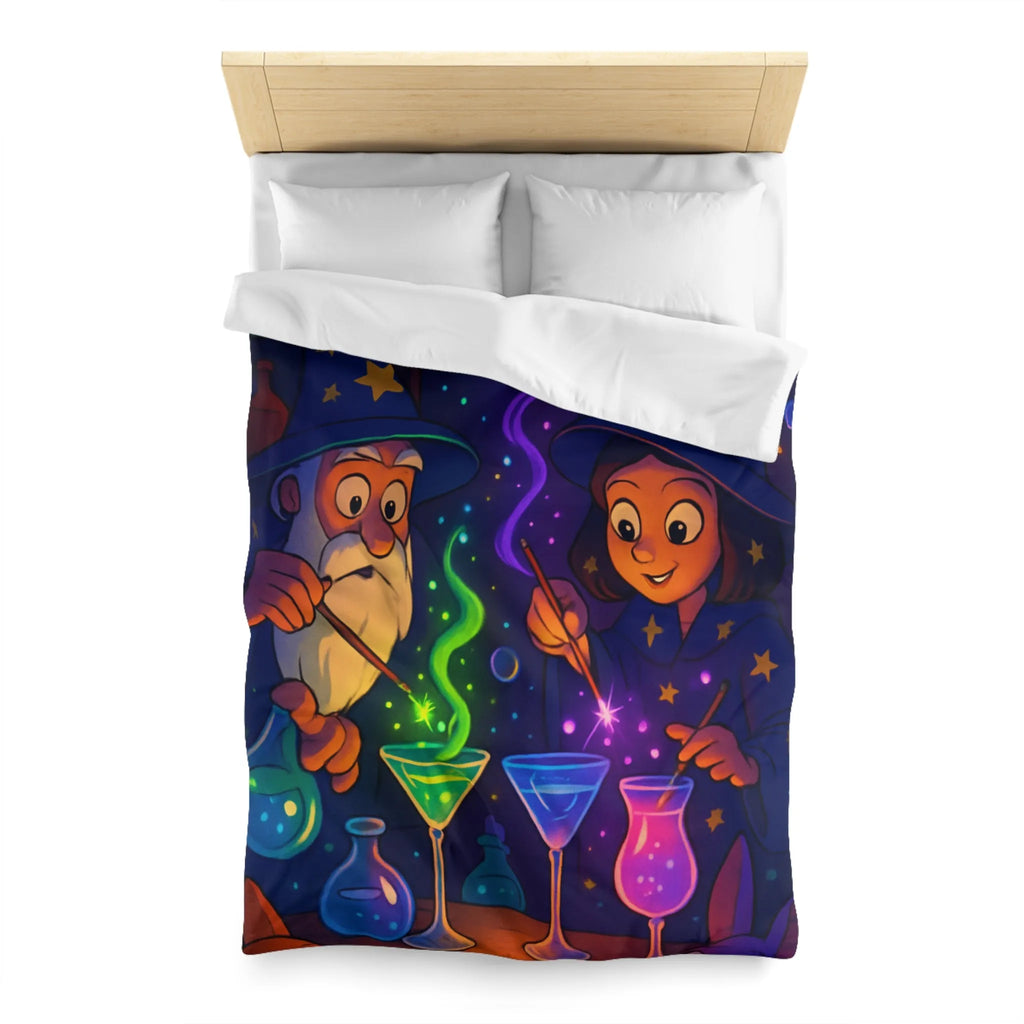 Housse de couette magique avec sorciers et potions dans un atelier enchanteur