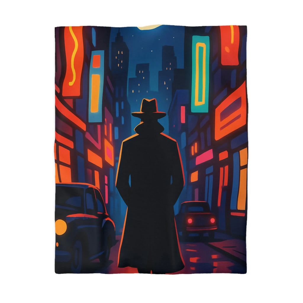 Housse de couette avec silhouette urbaine rétro, lune mystérieuse et néons intenses