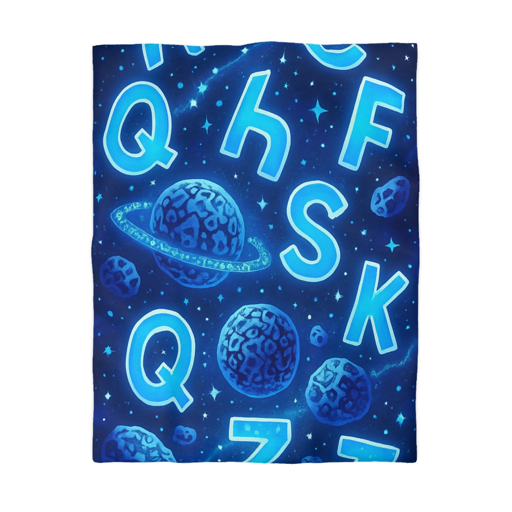 Alphabet bleuté interstellaire sur housse de couette planètes et étoiles pour décoration spatiale