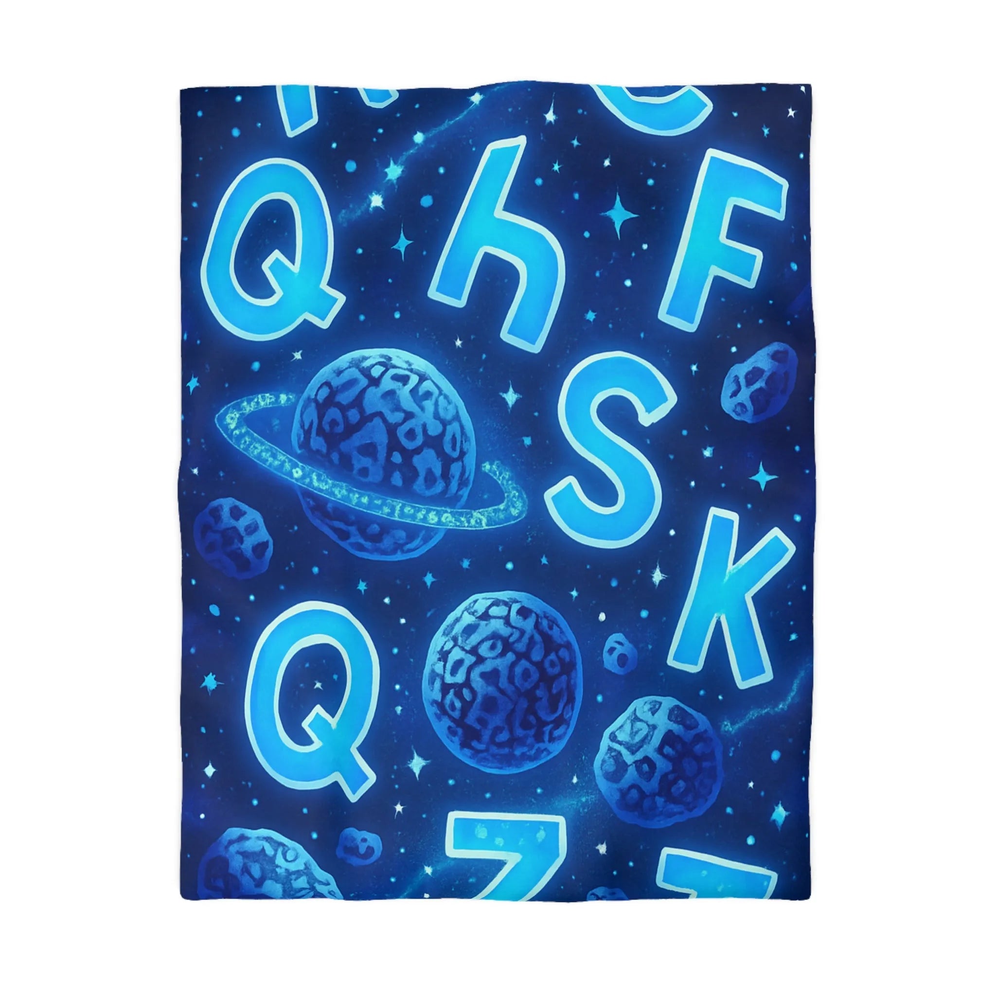 Alphabet bleuté interstellaire sur housse de couette planètes et étoiles pour décoration spatiale