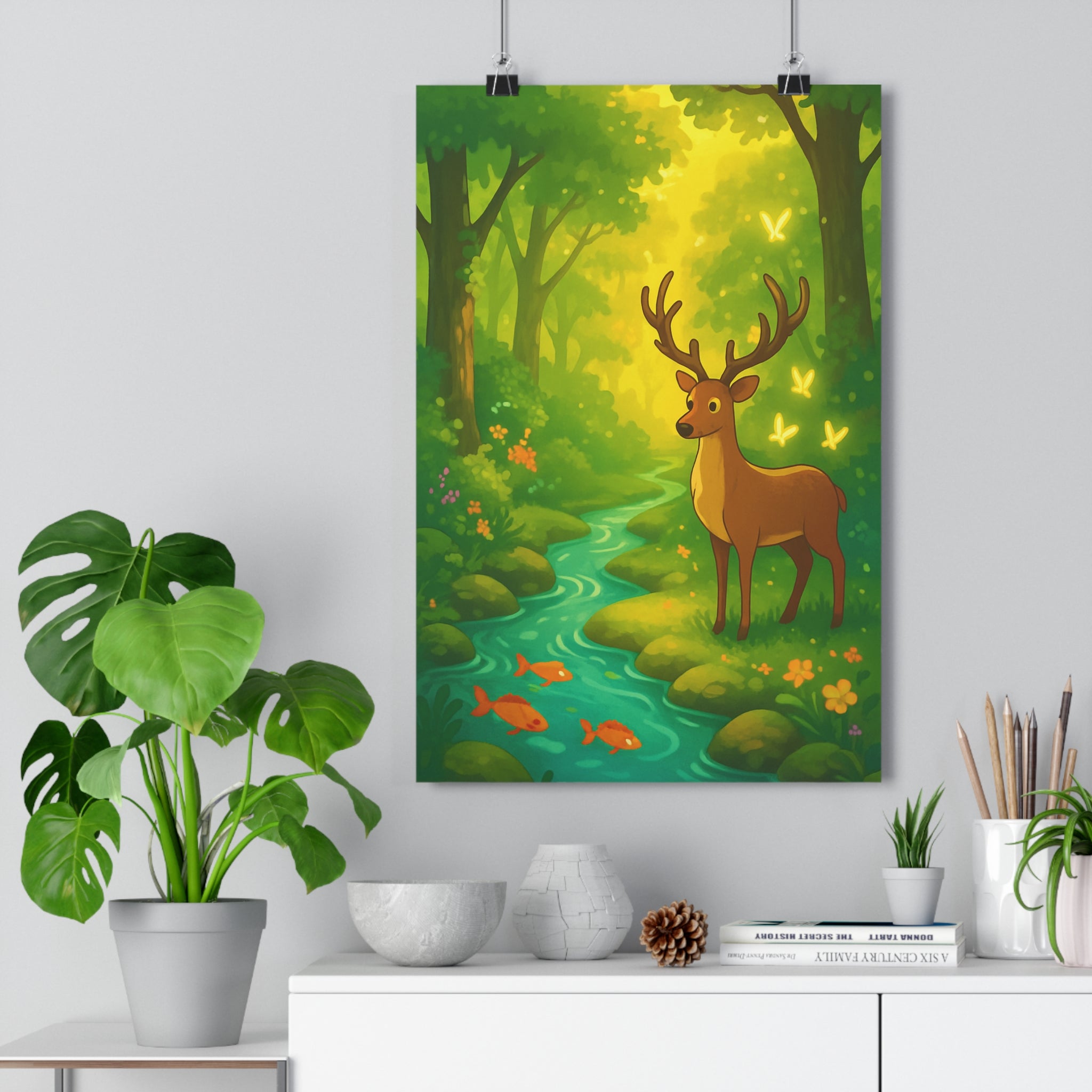 Poster décoratif cartoon nature vert pastel cerf lumineux paisible salon chambre déco mural tableau