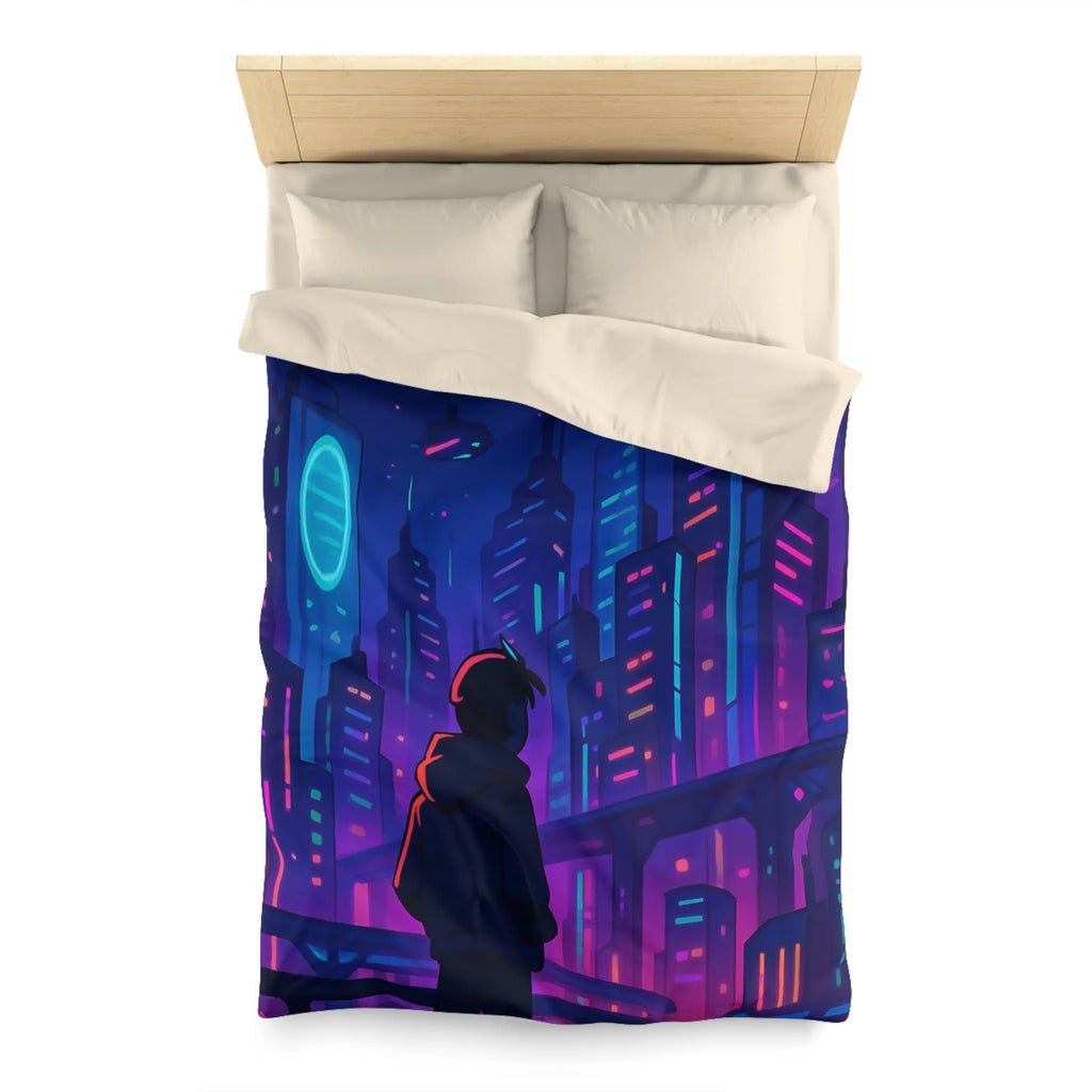 Housse de couette futuriste avec skyline néon vibrant et silhouette étoilée