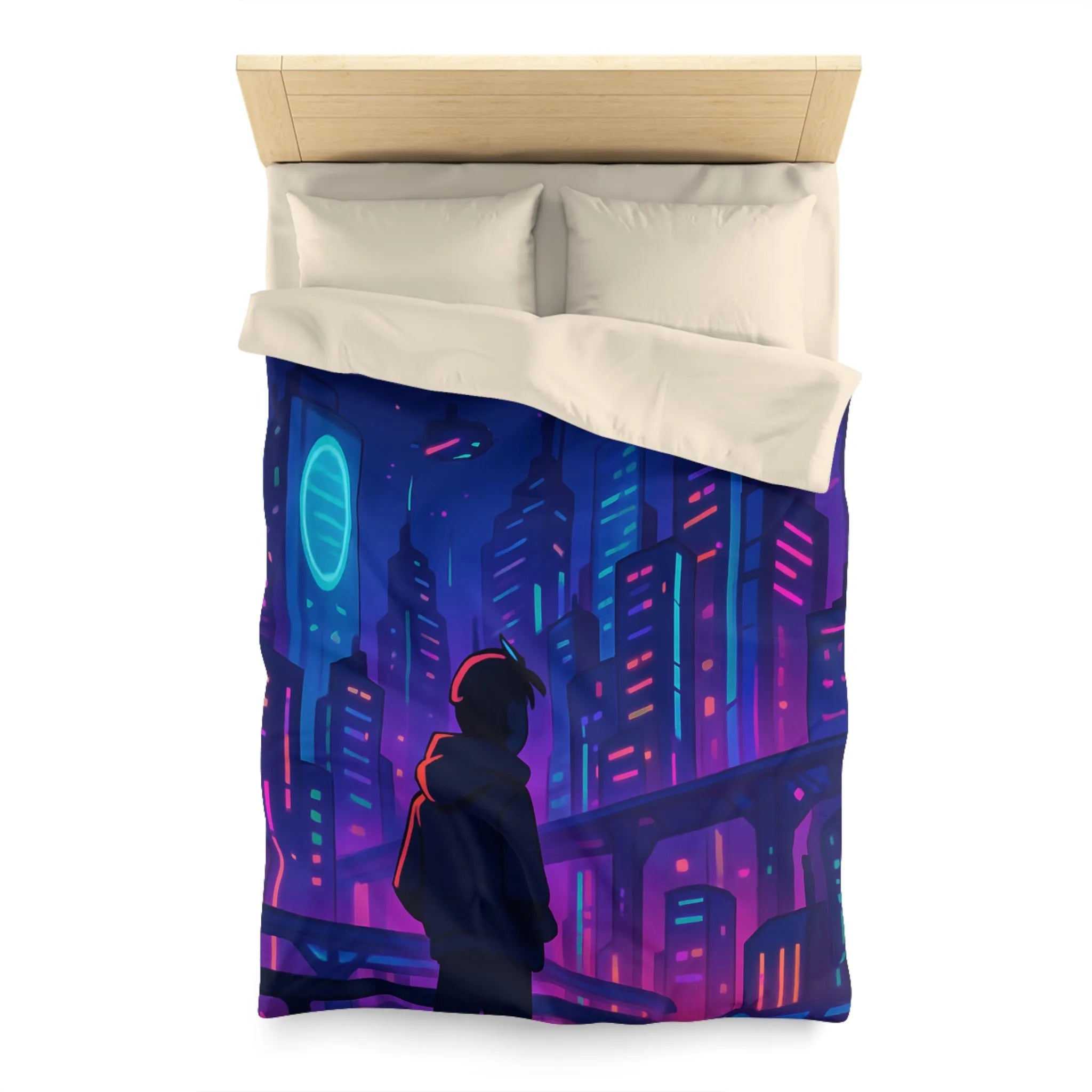 Housse de couette futuriste avec skyline néon vibrant et silhouette étoilée