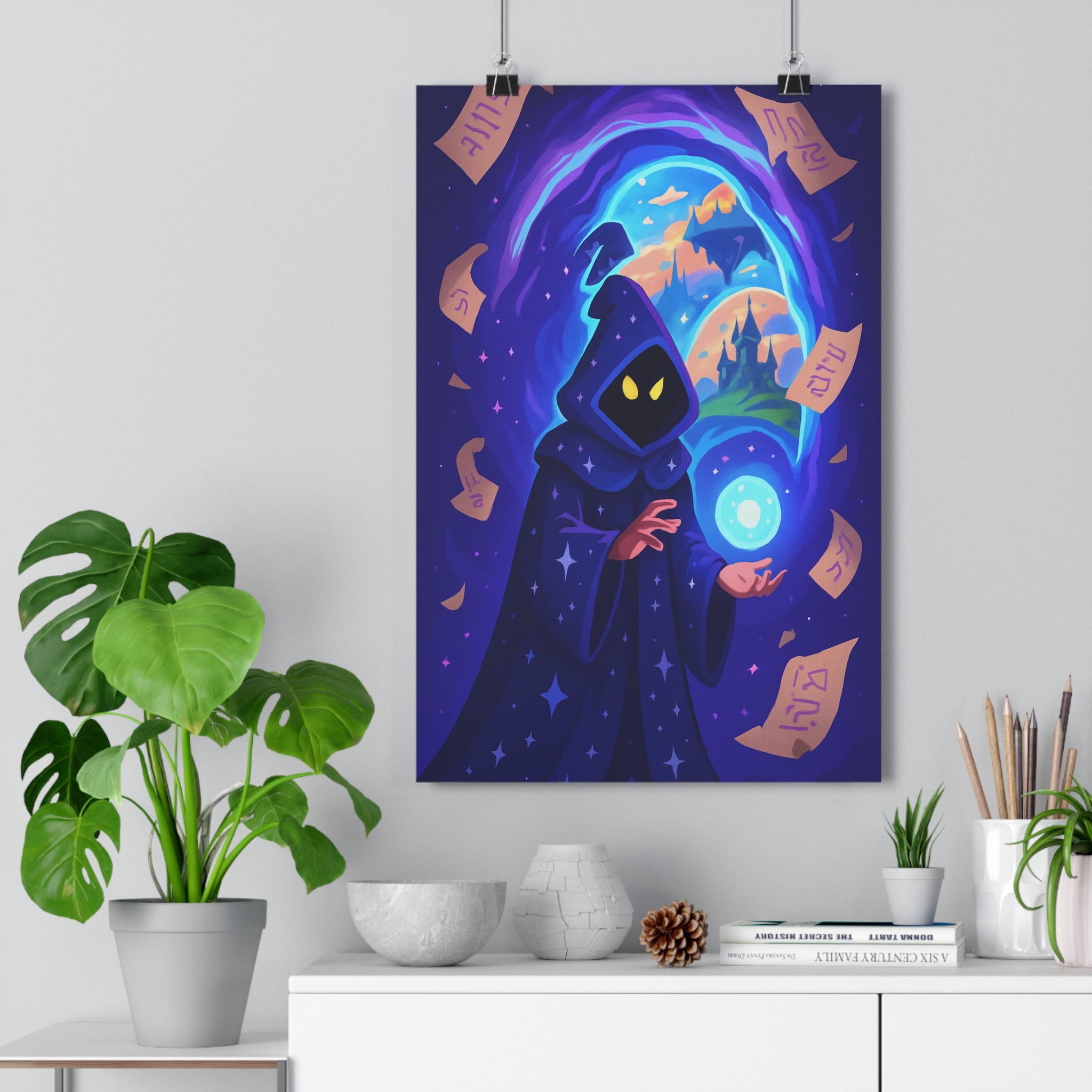 Poster décoratif mystérieux personnage cape étoilée sphère lumineuse portail magique cartoon mystique chambre qualité