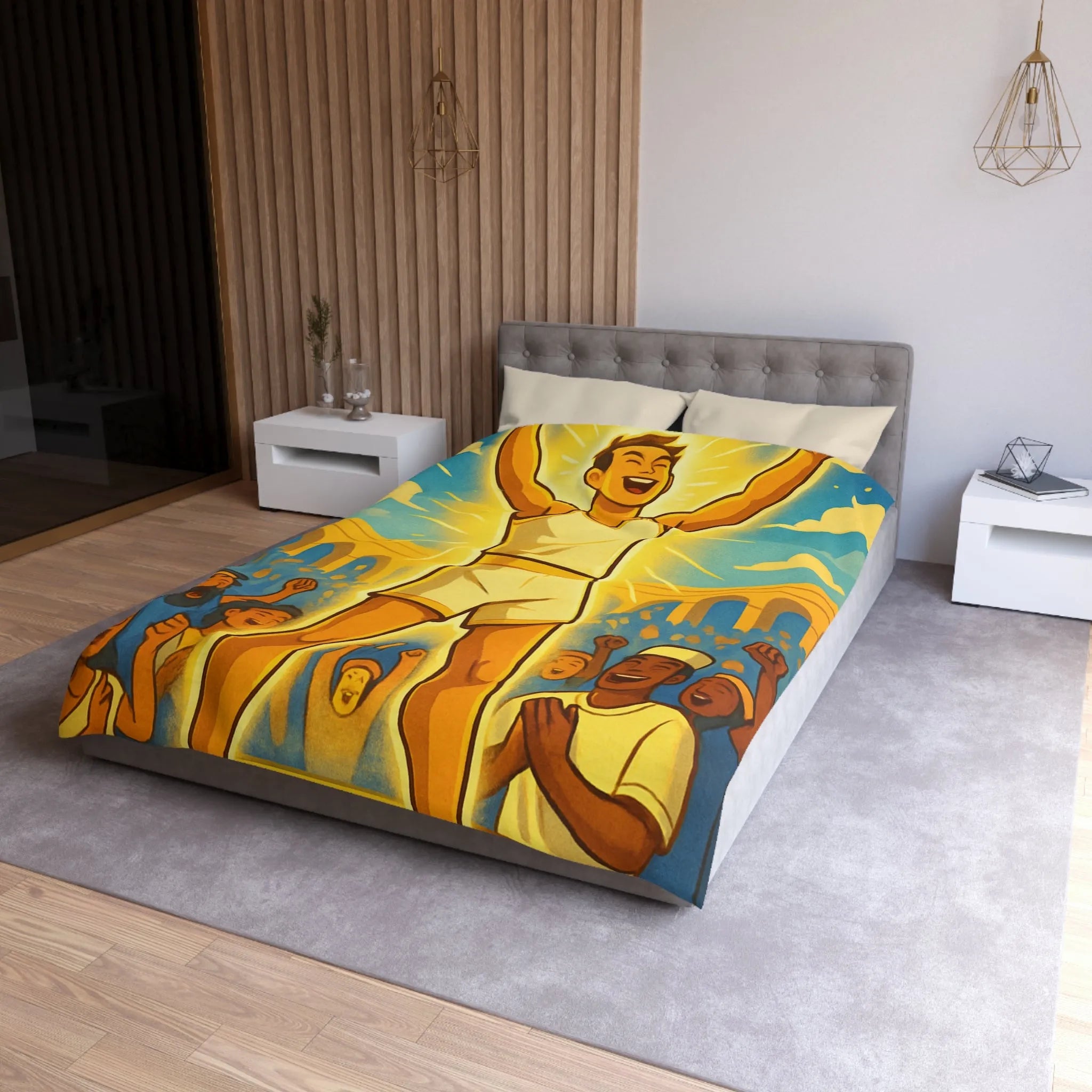 Housse de couette lumineuse avec athlète triomphant dans une arène ensoleillée vibrante