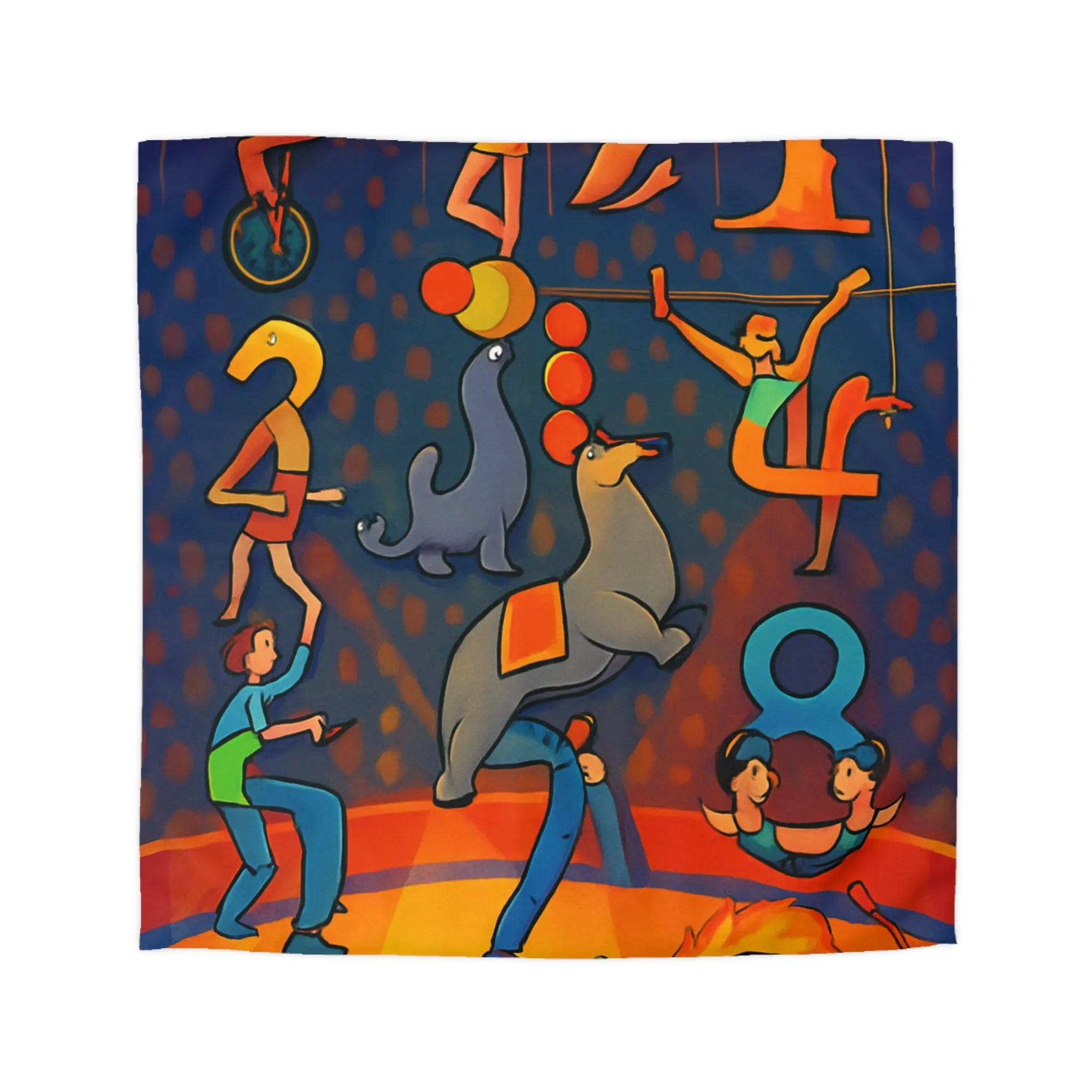 Housse de couette colorée illustrant un spectacle de cirque vibrant et dynamique