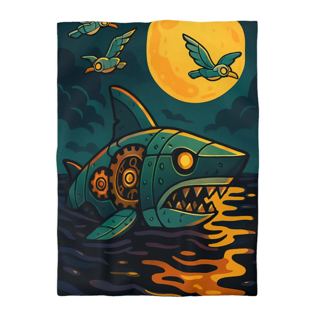 Housse de couette colorée avec requin mécanique sous lune dorée et oiseaux stylisés