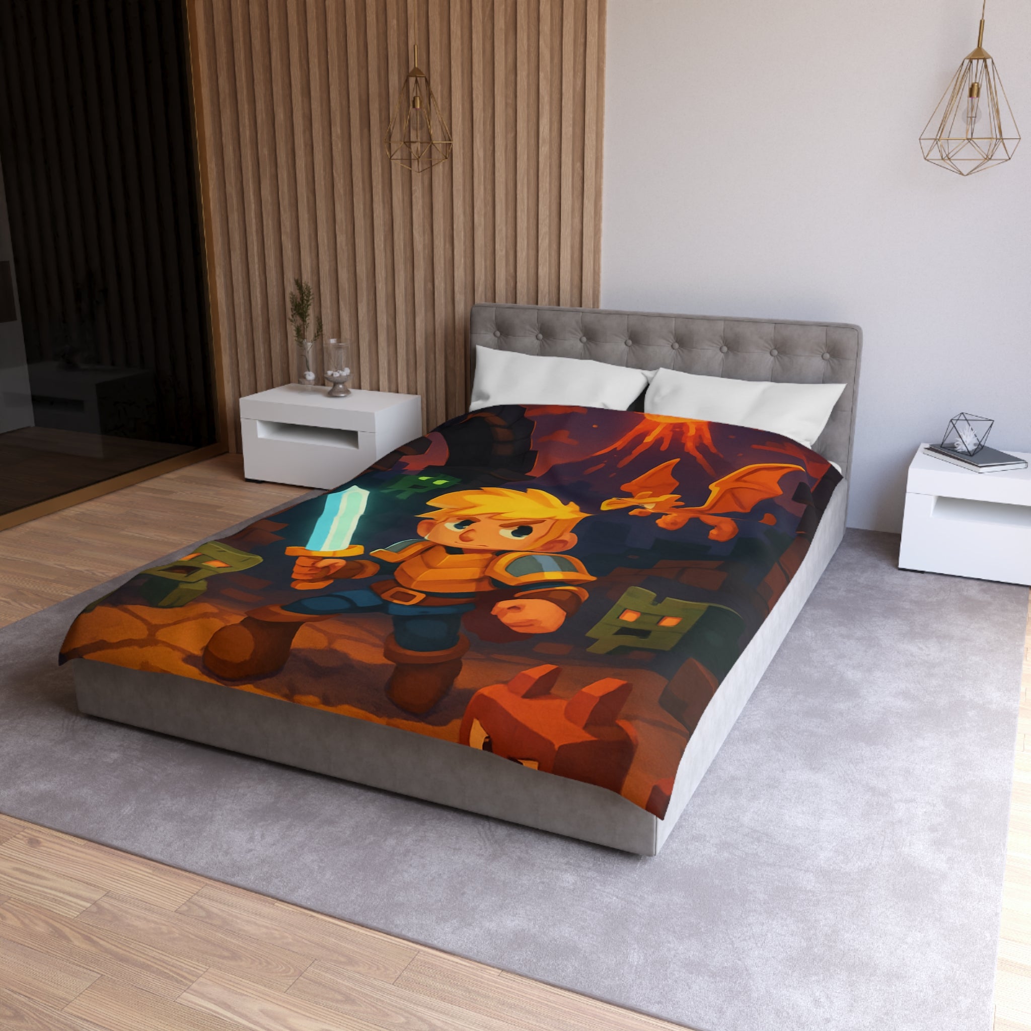 Housse de couette épique avec héros, dragon, volcan en feu et créatures cubiques