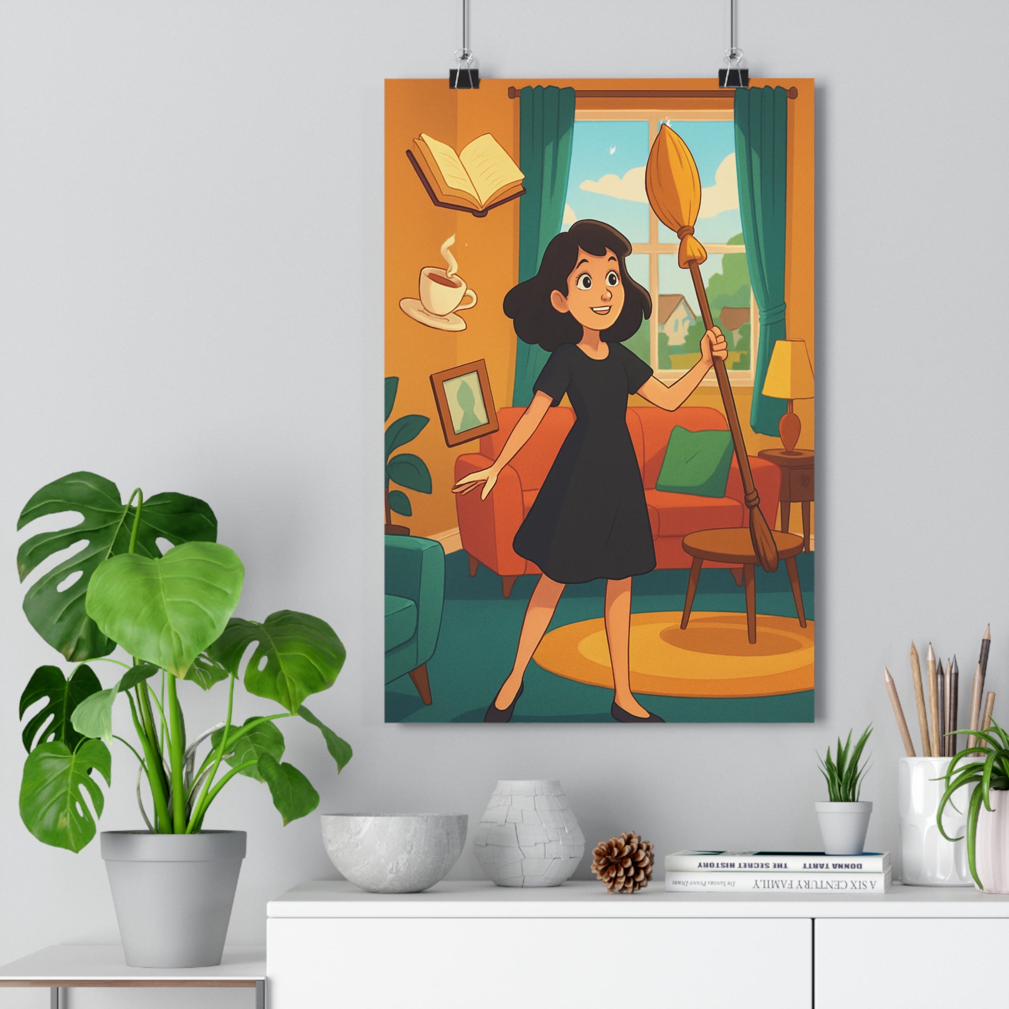 Poster décoratif anime moderne bleu orange joyeux salon chambre femme robe objets flottants 30x46