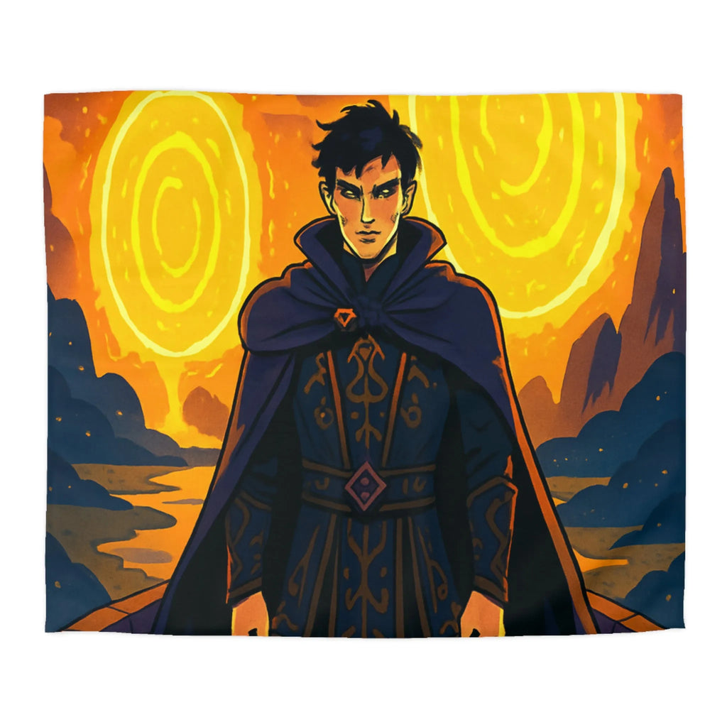 Housse de couette fantastique avec sorcier et portails lumineux dans paysage nocturne magique