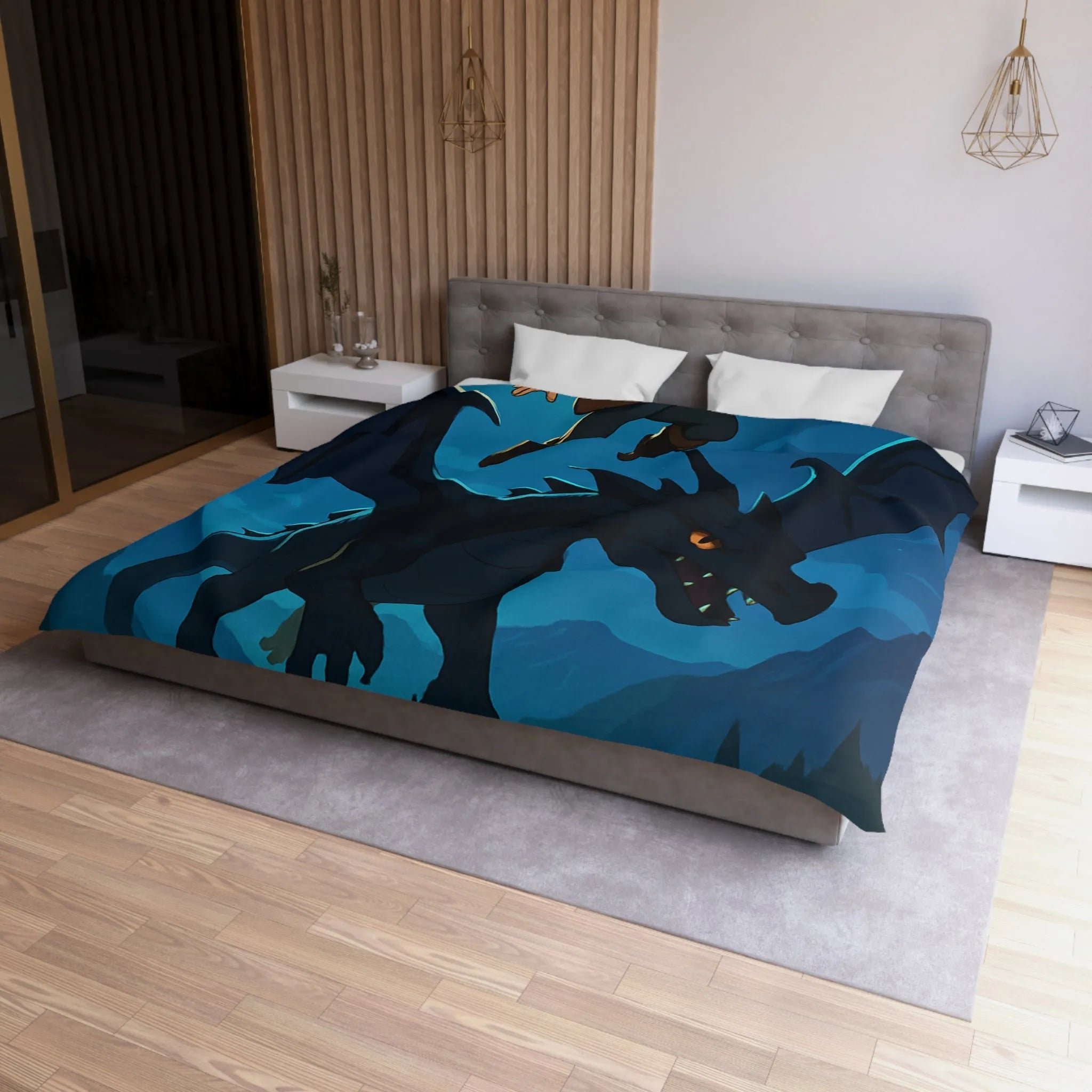 Housse de couette épique avec dragon volant et sorcier sous la pleine lune magique