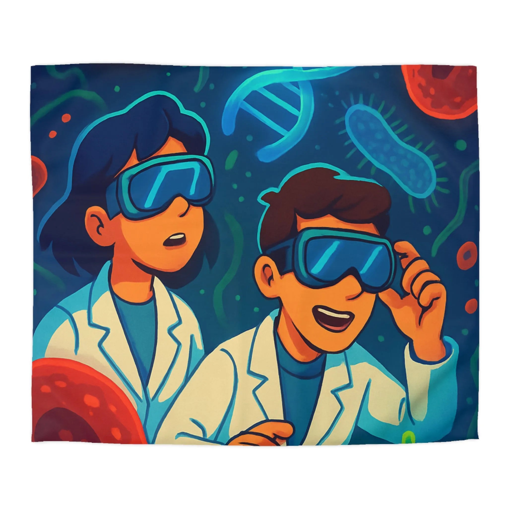 Drap housse scientifique ludique avec chercheurs et microbes éclatants en couleurs vibrantes et vives