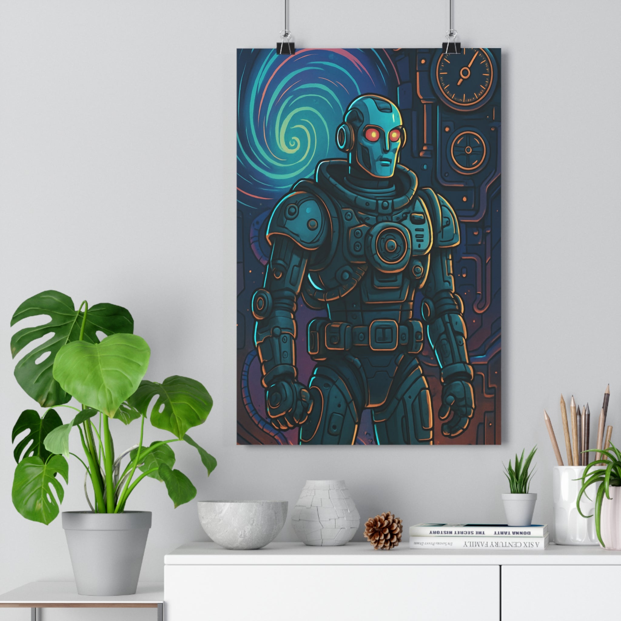Poster décoratif futuriste bleu orange robot mystérieux rétrofuturiste chambre enfant salon unique qualité premium