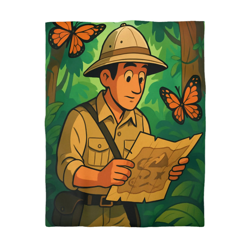 Housse de couette avec explorateur dans la jungle et papillons exotiques colorés