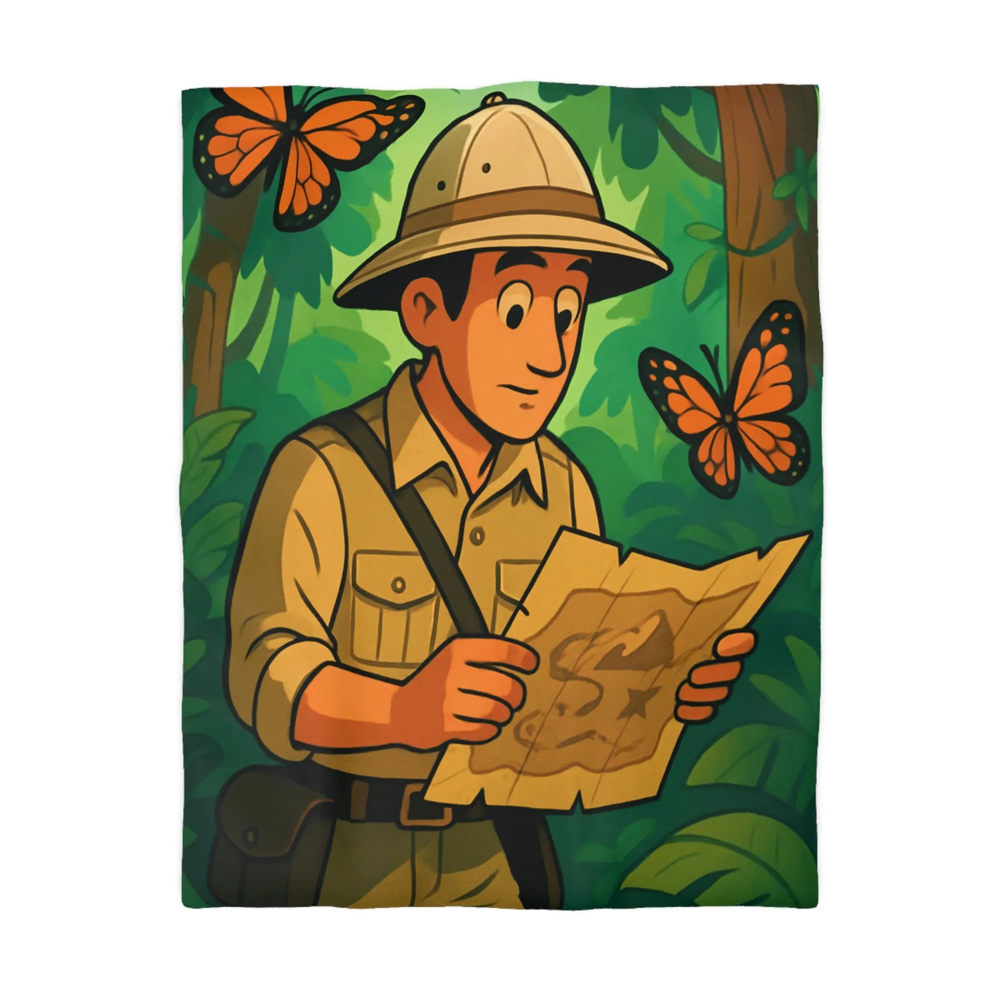 Housse de couette avec explorateur dans la jungle et papillons exotiques colorés