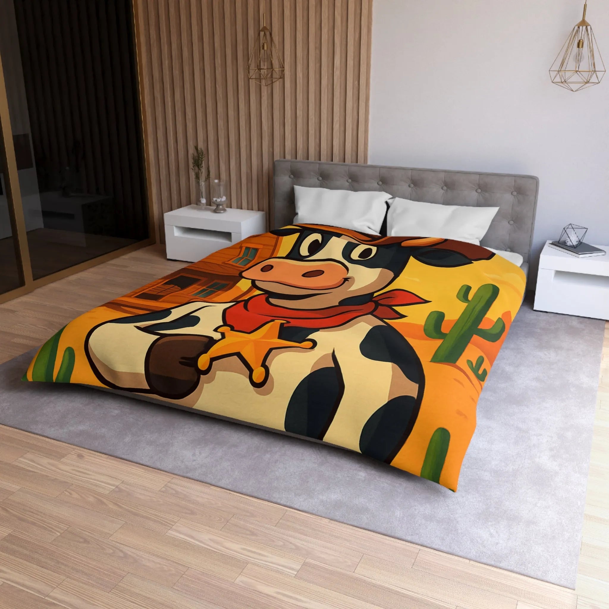 Housse de Couette Enfant avec Vache Cow-boy dans Paysage Désertique Coloré et Amusant