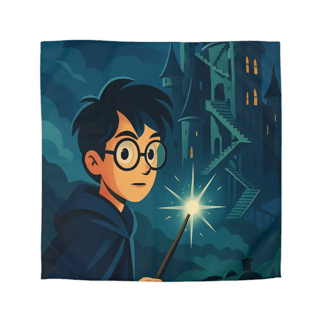 Housse de couette magique avec garçon, château mystérieux et train dans la nuit étoilée