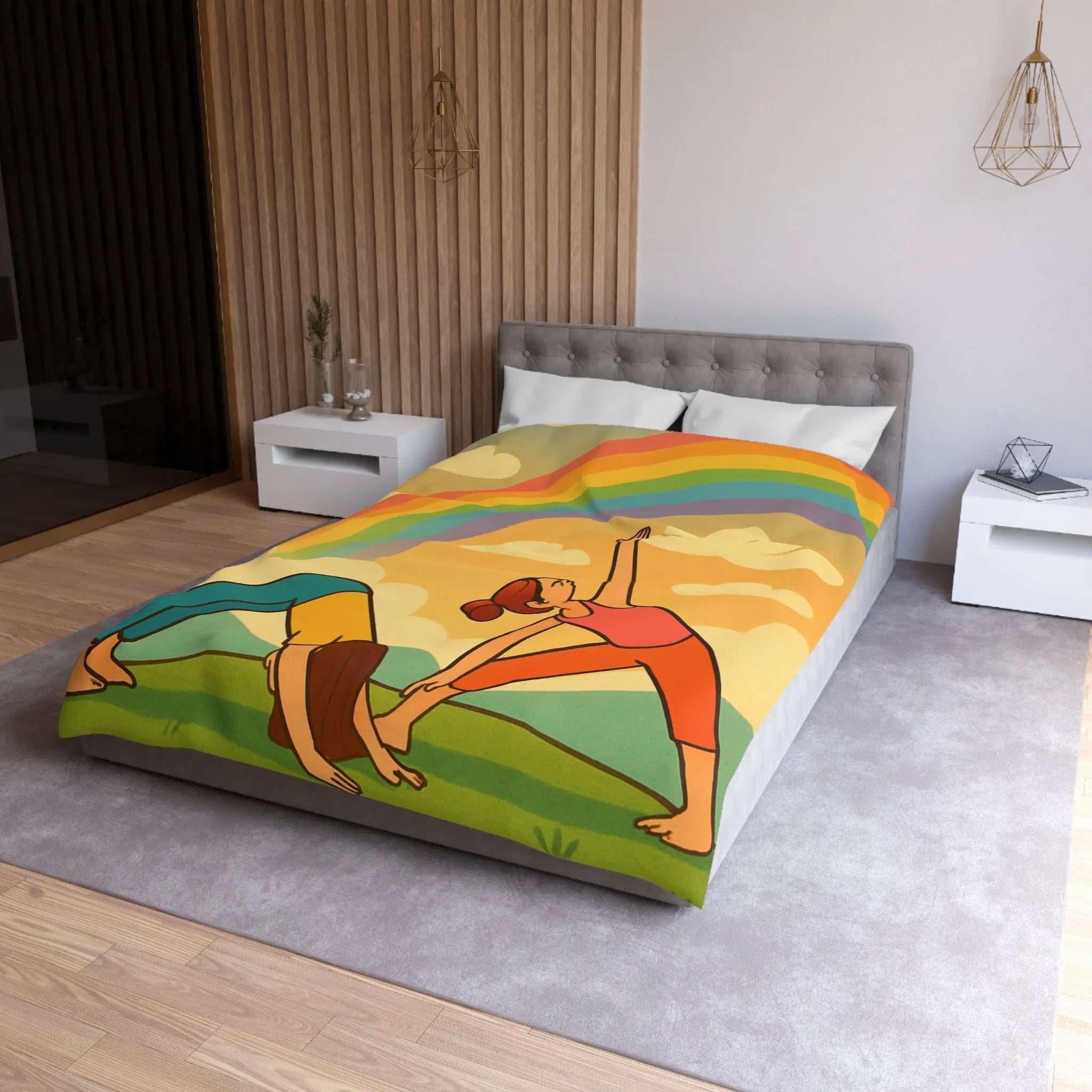 Housse De Couette Enfant Avec Arc-en-Ciel Coloré Et Personnages Pratiquant Le Yoga Énergique