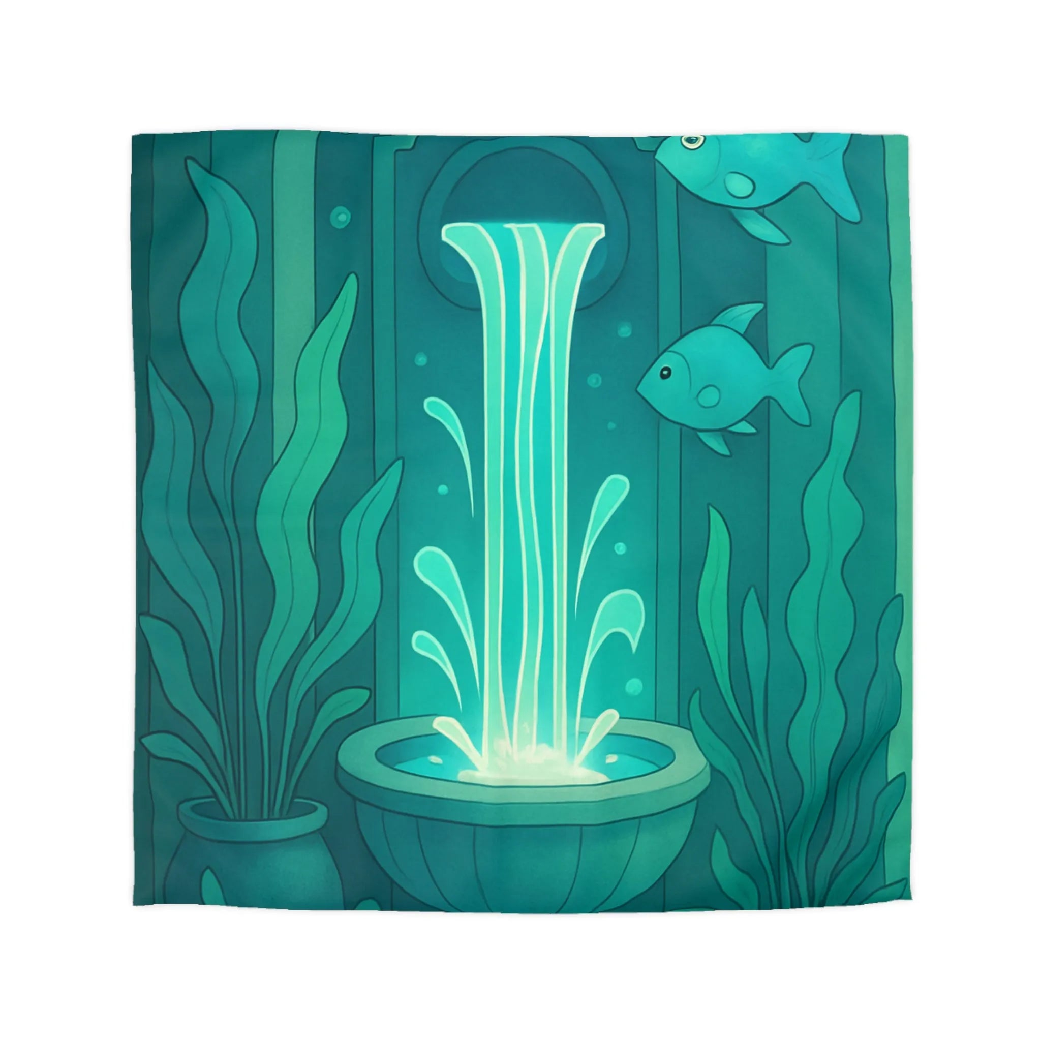 Housse de Couette Art Nouveau Illustrée Fontaine Poissons Teintes Bleues Calmes Décoration Intérieure