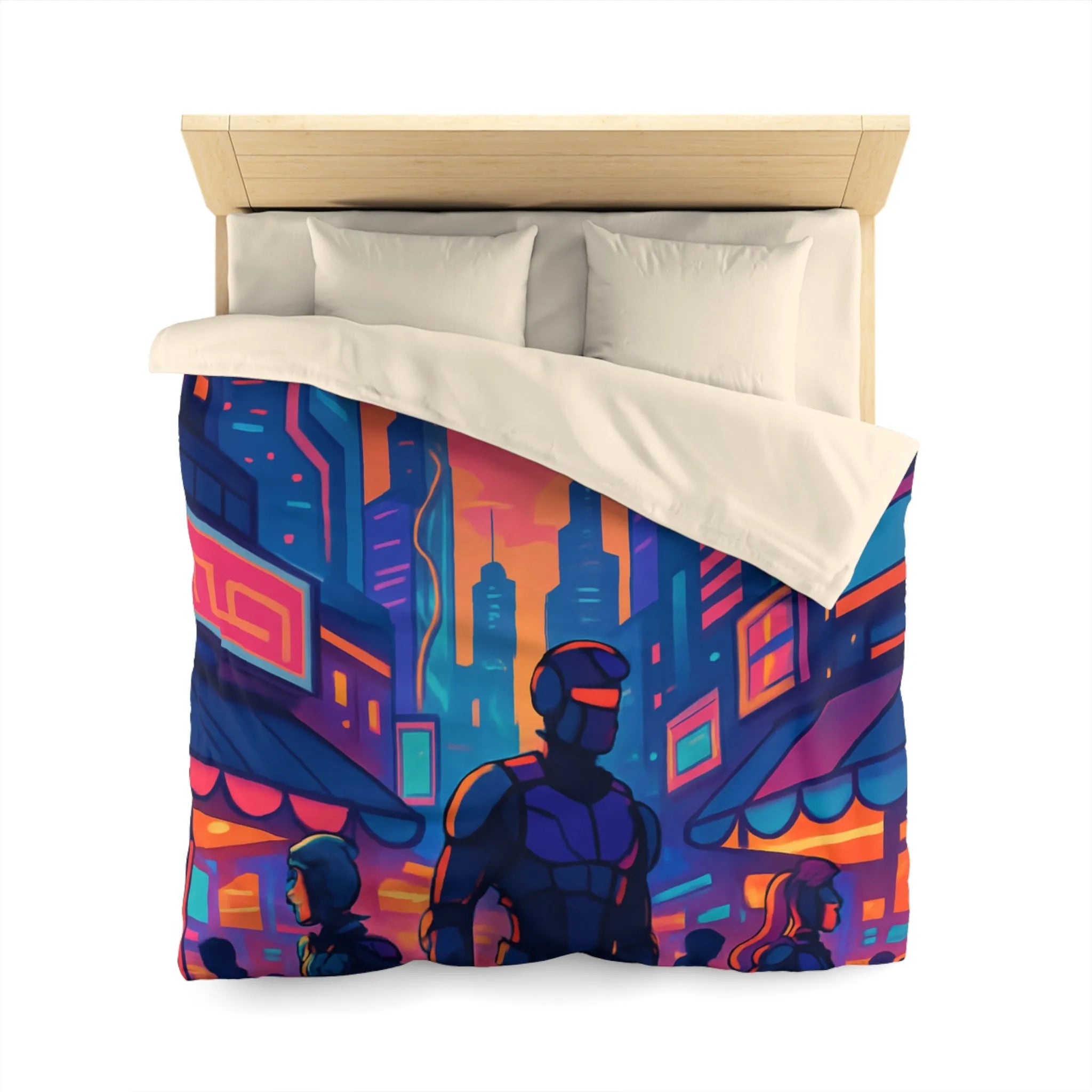 Housse de couette futuriste avec skyline néon et silhouettes urbaines nocturnes modernes