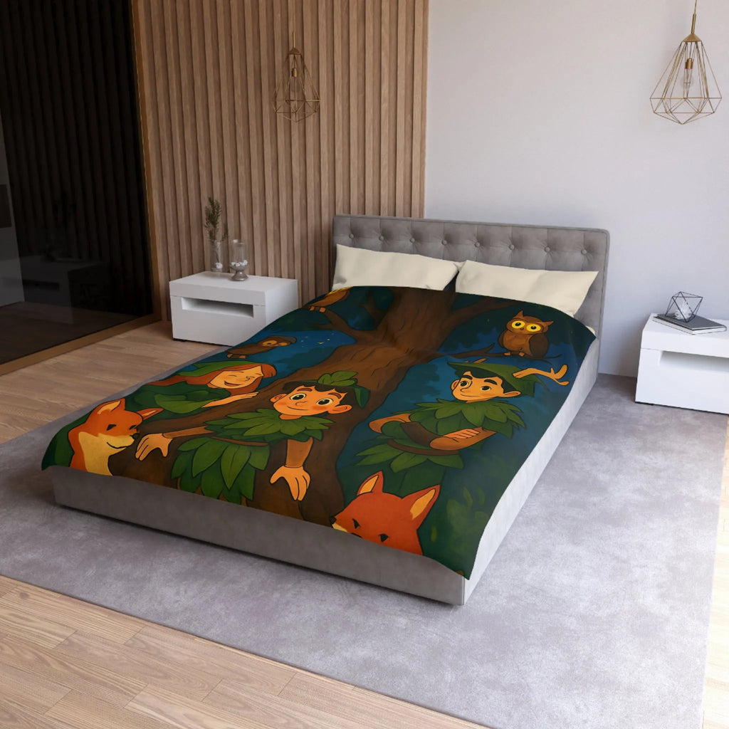 Housse de Couette Forêt Enchantée avec Animaux, Arbre et Enfants en Tenues Végétales